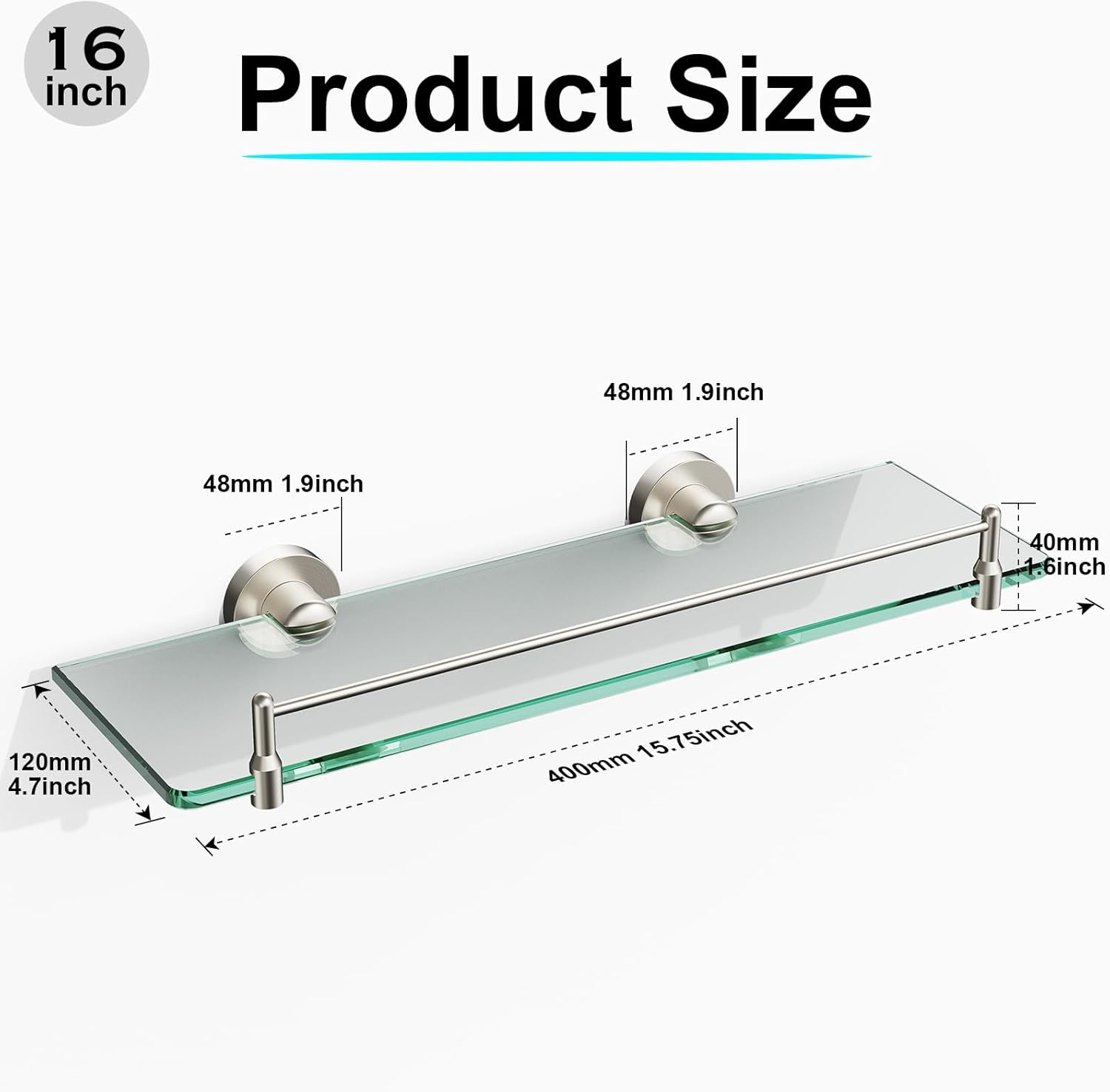 Glass Shelf for Bathroom 2 Pack,16-Inches Floating Glass Shelves Towel Bar/Track(Brushed Nickel)