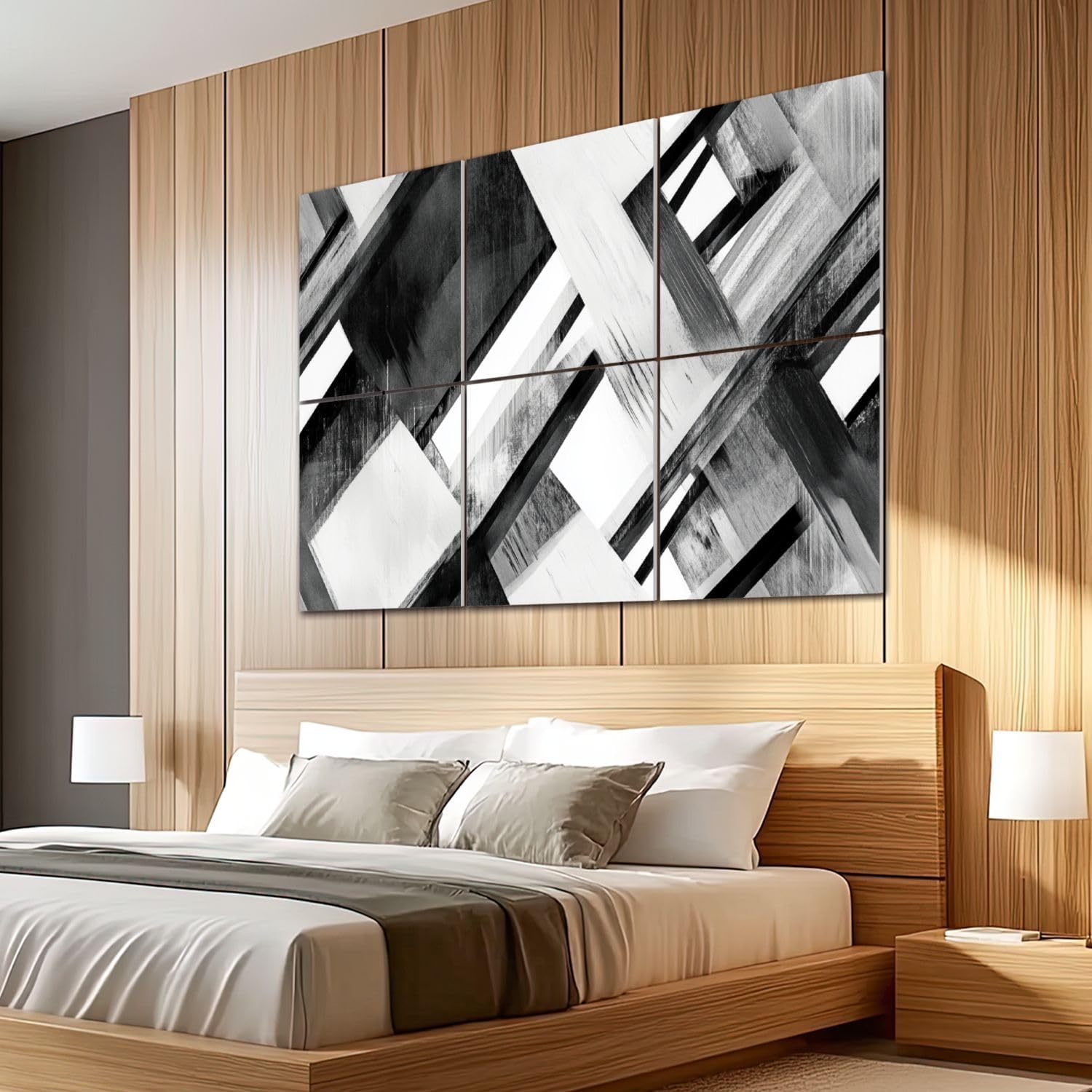 6 Pack Art Acoustic Panels Sound Absorbing Modern Geometric Grey Overlapping Rectangles Black And White Tones Decorative Soundproof Wall Panels Self Adhesive for Recording Studios Office 72