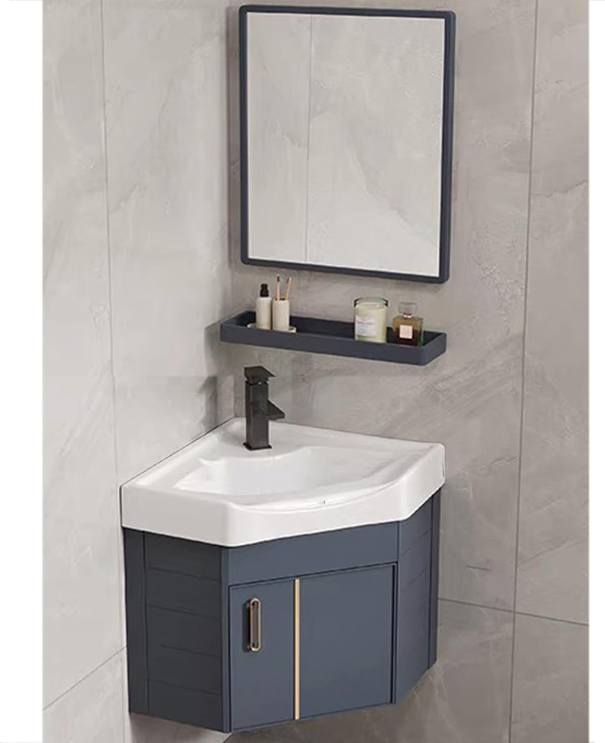Bathroom Sink Vanity for Small Space, Wall Mount Corner Bathroom Vanity Cabinet with Sink Washing Hand Basin Design with Ceramic Sink & Mirror(Color:Blue,Size:38cm/14.9in)