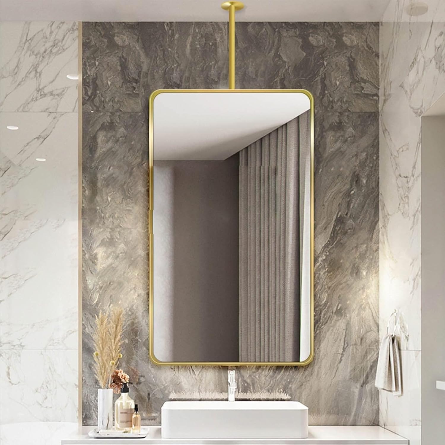 Ceiling Hanging Mirror Ceiling Mounted Bathroom Mirror Big Square Wall Mount Vanity Decor Metal Pole Ceiling Suspended Mirror Corner Mirrors For Bathroom Bedroom Bathrooms Entryway Large Suspend(60cmL