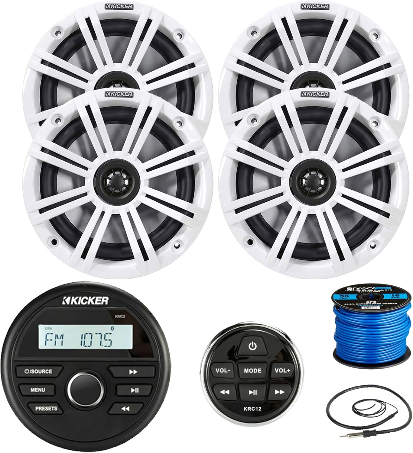 Kicker Weather-Resistant Gauge Style Bluetooth Marine Digital Media Receiver Bundle with Wired Remote, 4X 6.5 2-Way 195W Max Coaxial Marine Speakers w/White Grilles, 16-Gauge Wire, 22