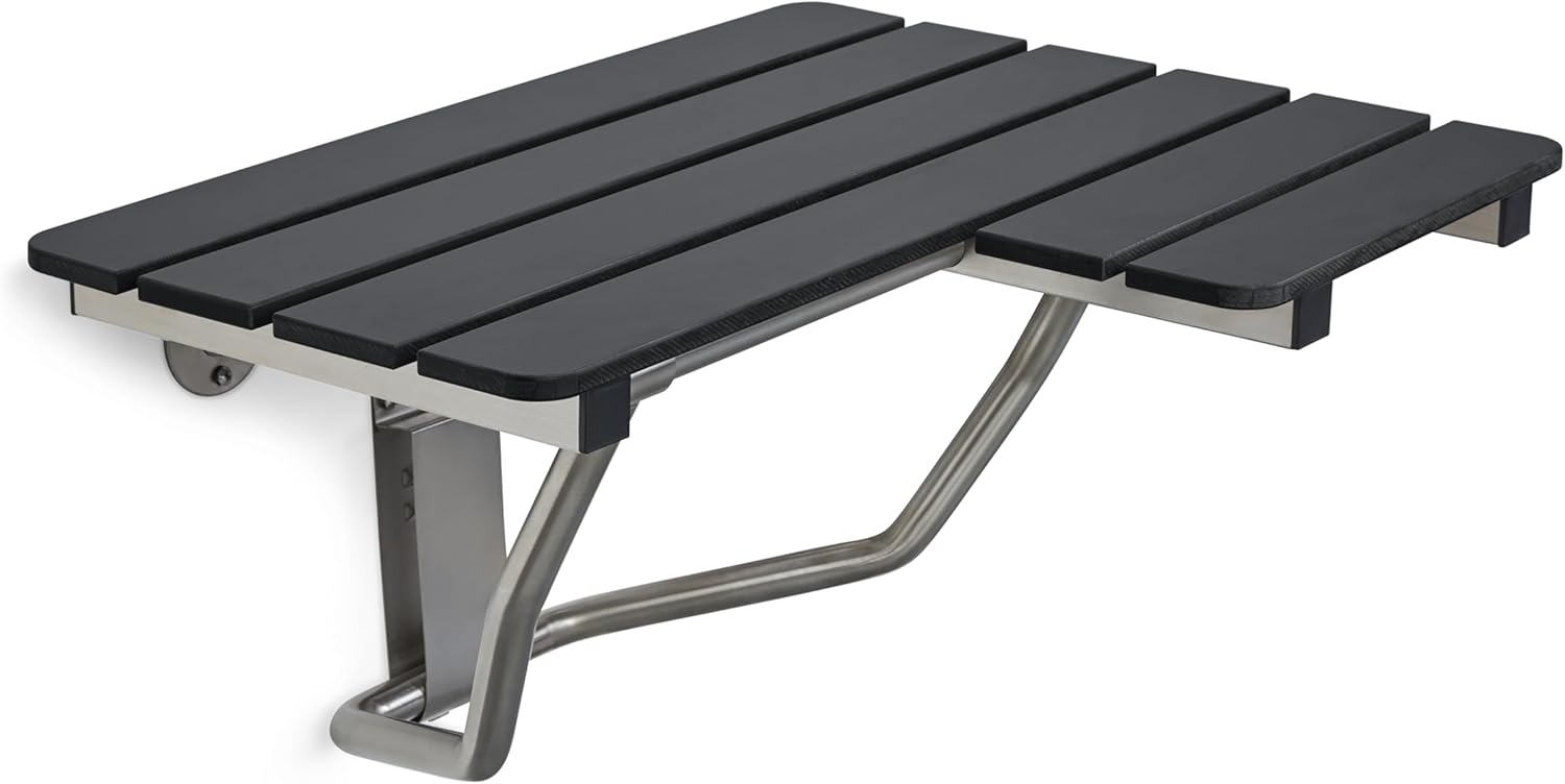 Seachrome 28-inch x 22.5-inch ADA Wall Mount Folding Transfer Bench Shower Seat, Left-Handed, Black Slatted Phenolic Seat