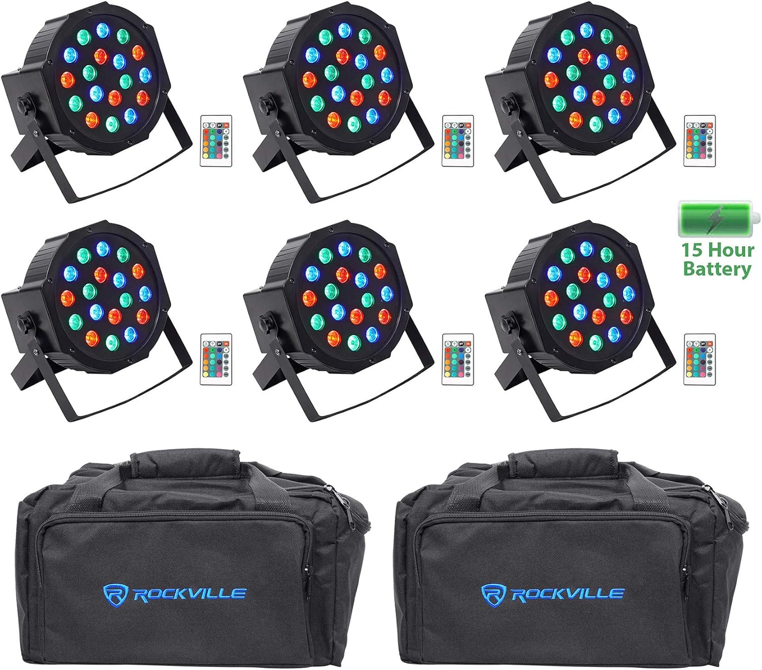 (6) Rockville Battery PAR 50 Rechargeable LED DMX DJ Wash Up-Lights+Remotes+Bags