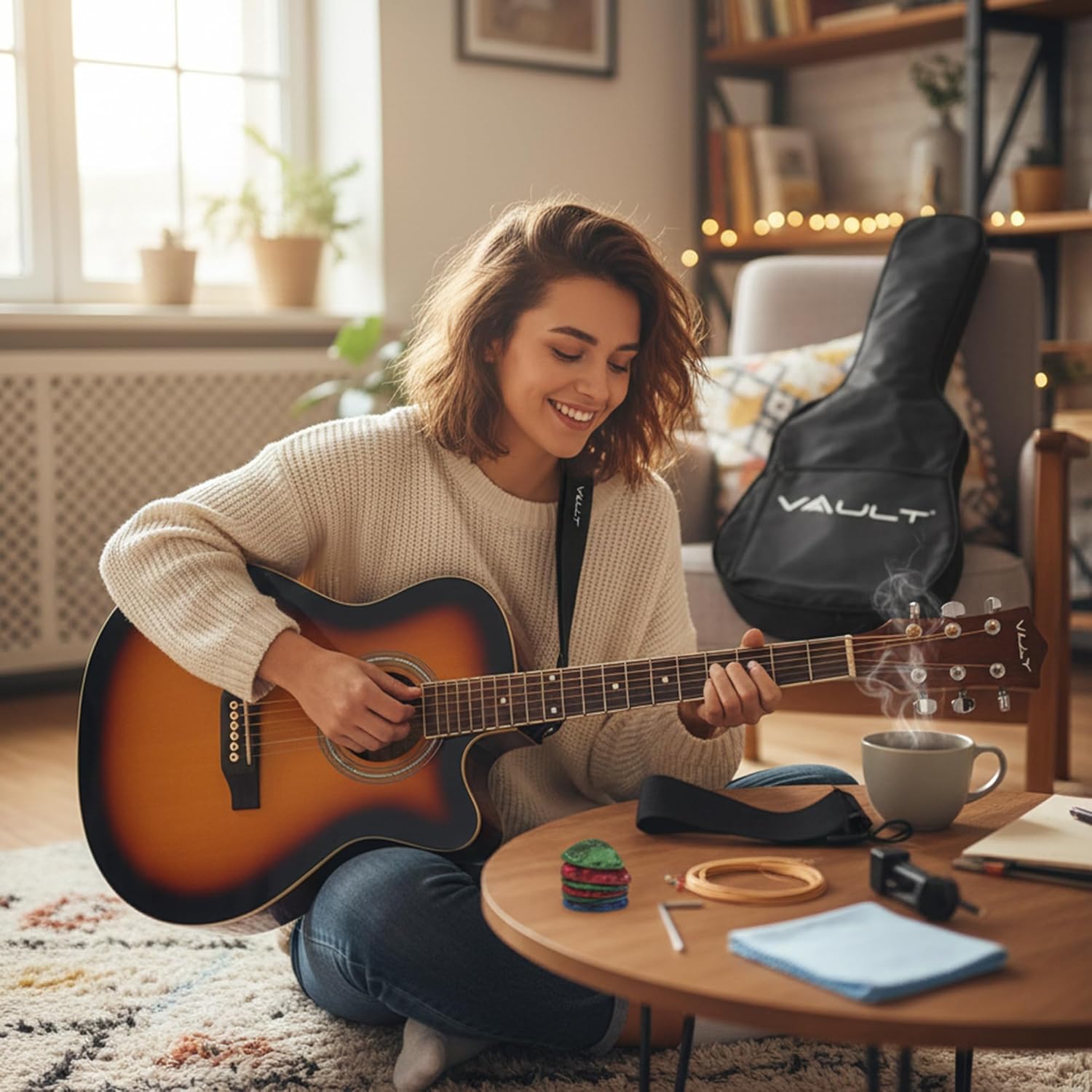 Vault EA-20 Full-Size Cutaway Acoustic Guitar - Sunburst Bundle with Gig Bag, Strap, Strings, String Winder, Allen Wrench, Picks, and Polishing Cloth