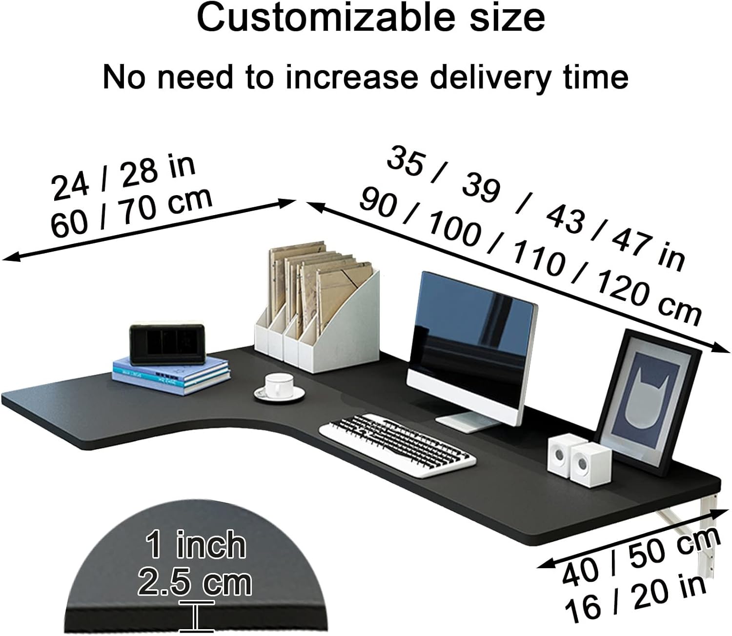 LIGUOYI Corner Wall Mount Folding Table, L 24in ~ 47in Multifunction Computer Desk Home Office Table, Wooden White Black Study Table, Space Saving Folding for Study, Bedroom, Office, Home