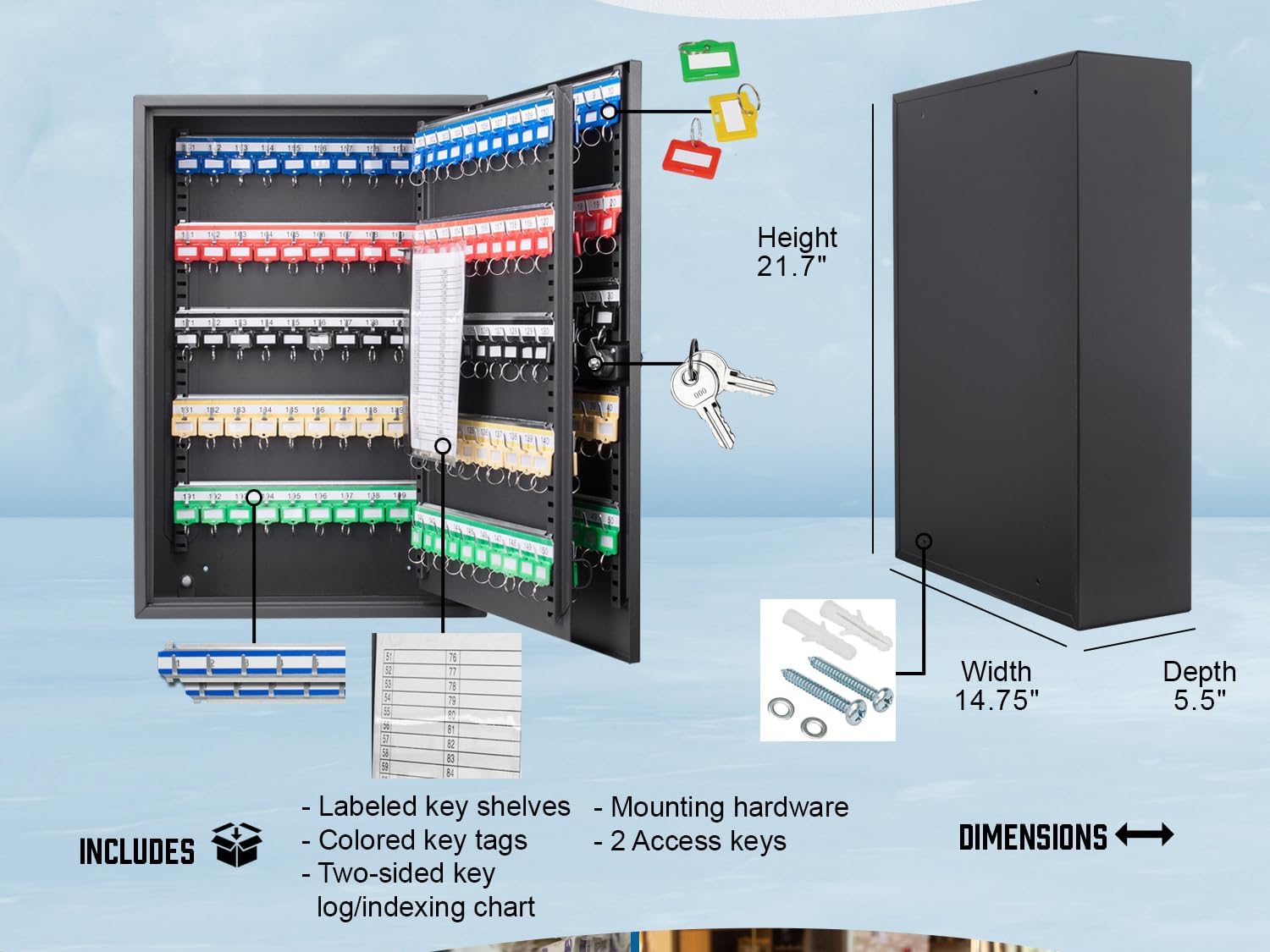 Barska 200 Position Combination Key Lock Box – Wall Mount Steel Key Cabinet with Adjustable Numbered Hooks, Index Log, Colored Tags for Office or Business