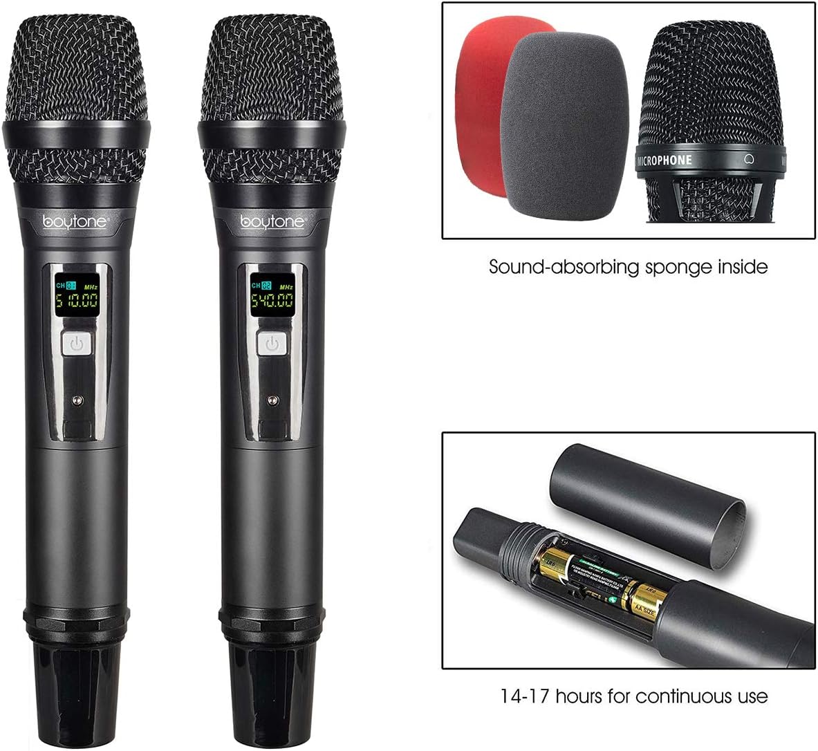 Boytone Dual Fixed Dynamic UHF Wireless Microphone System, Metal Microphone and Base, up to 260 FT(BT-54UM)