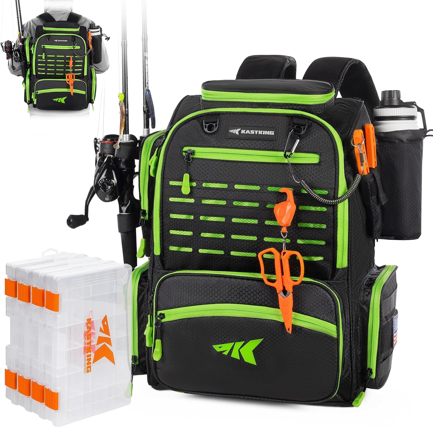 KastKing Bait Boss Fishing Tackle Backpack with Rod Holders-4 Tackle Boxes-Rain Cover,45/43L Large Storage for Fishing Gear