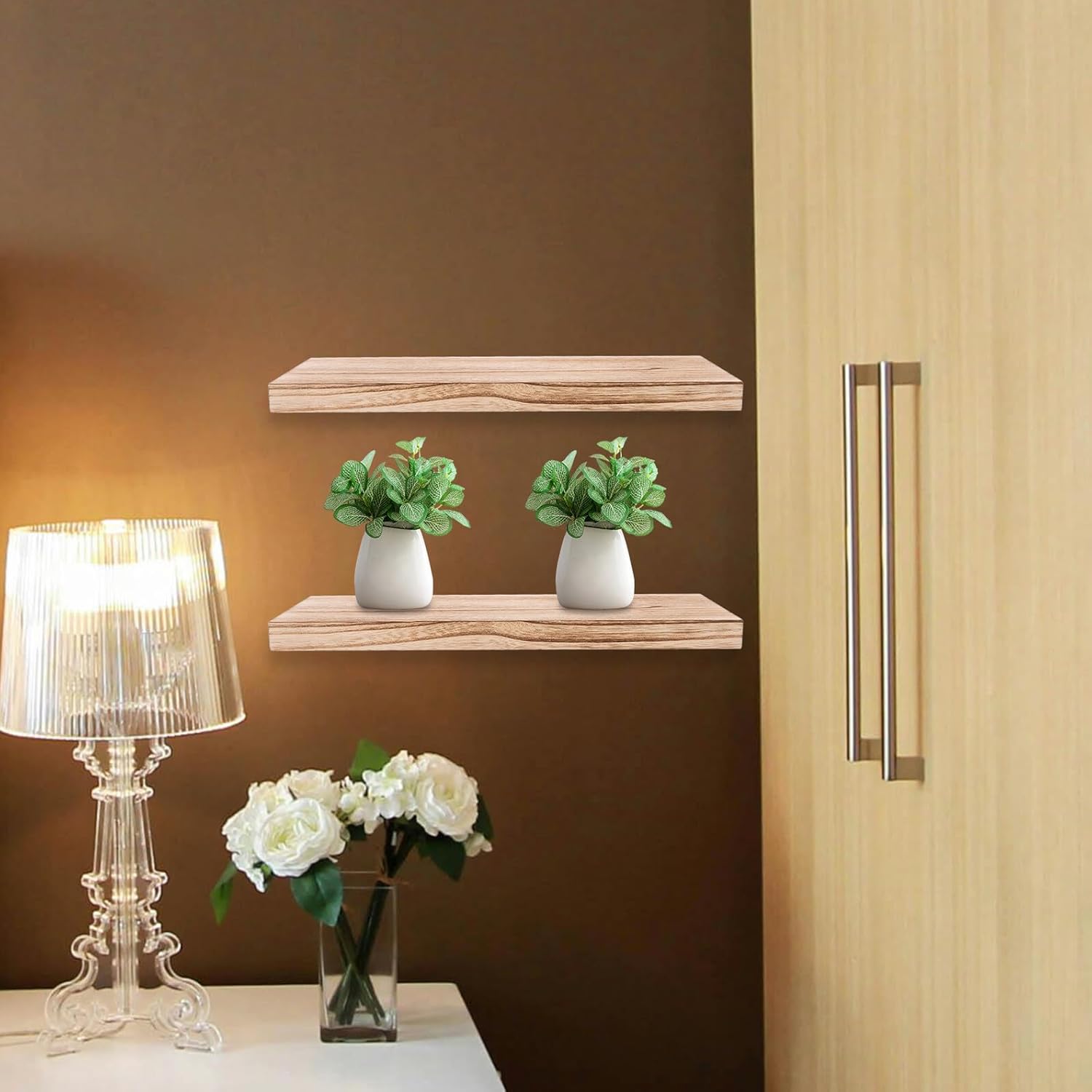 3pcs Floating Wood Shelves Wall Mounted No Damage Shelf for Books Photos Bathroom Living Storage Display with High Weight Capacity and Sleek Modern Design