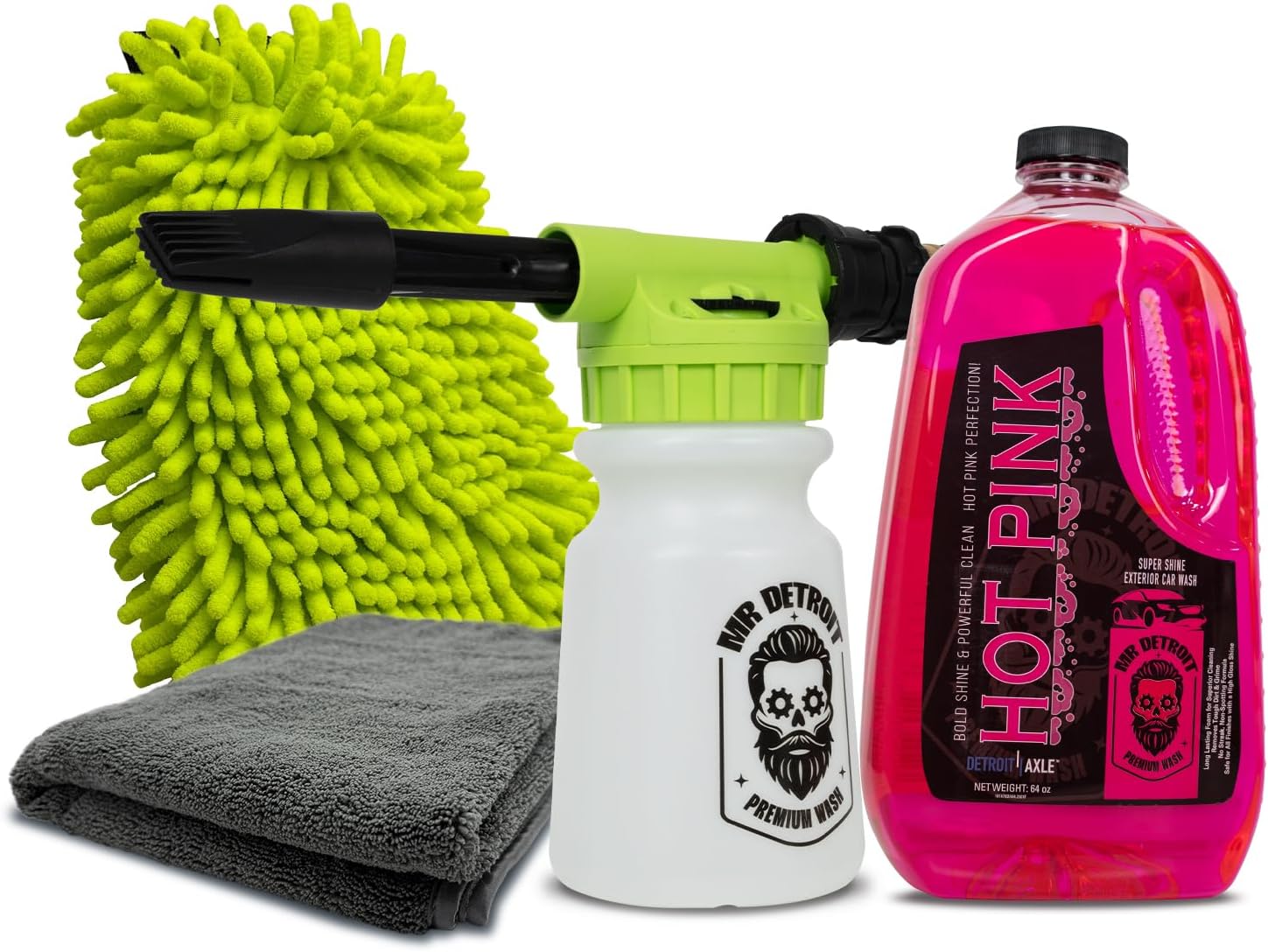 Mr. Detroit - 4pc Car Wash Kit with Foam Blaster, 64oz Car Wash Soap, Double Noodle Wash Mitt, Drying Towel, Scratch-free Wash Gun Foam Cannon Streak-Free Exterior Cleaner for Auto Cleaning & Home Use