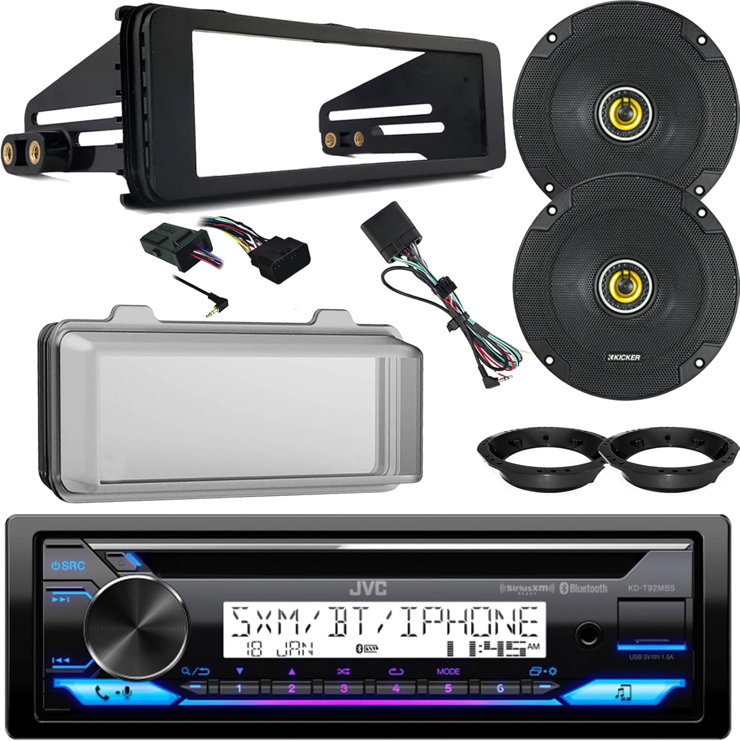 JVC KDT92MBS Single DIN Bluetooth USB AUX AM/FM CD Receiver Bundle w/Radio Cover, Stereo Install Kit, 2X Kicker 6.5