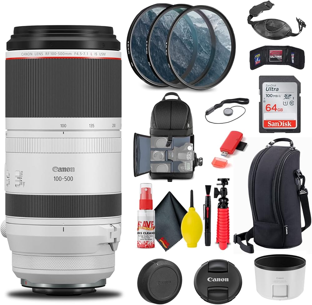 Canon RF 100-500mm f/4.5-7.1L is USM Lens (4112C002) + Filter Kit + Backpack + 64GB Card + Card Reader + Flex Tripod + Memory Wallet + Cap Keeper + Cleaning Kit + Hand Strap + More (Renewed)