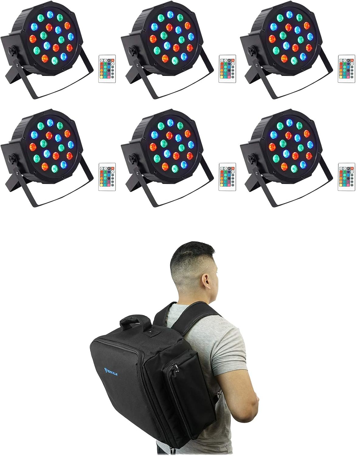 Rockville Battery Par 50 Bundle: (6) Rechargeable LED DMX RGB Uplights with Remote, 18 x 1W LEDs, 4400-mAh Battery, RLBP6 Padded Backpack with Dividers & Straps, 7-Items