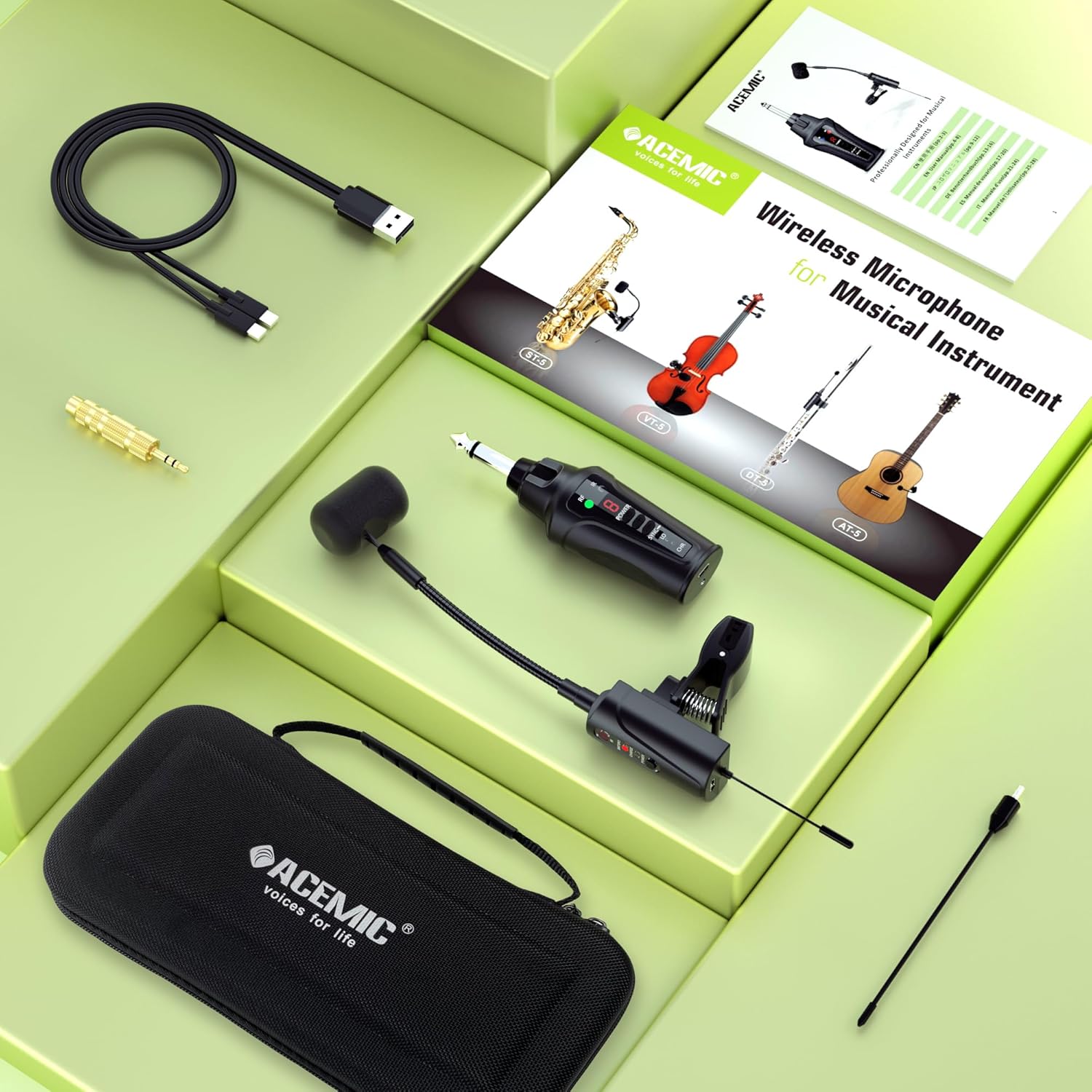 UHF Wireless Saxophone Microphone System Wireless Transmitter and Receiver Clip-on Instrument Microphones & Systems Mic for Trumpet, Sax, Musician, Active PA Systems, ST-5