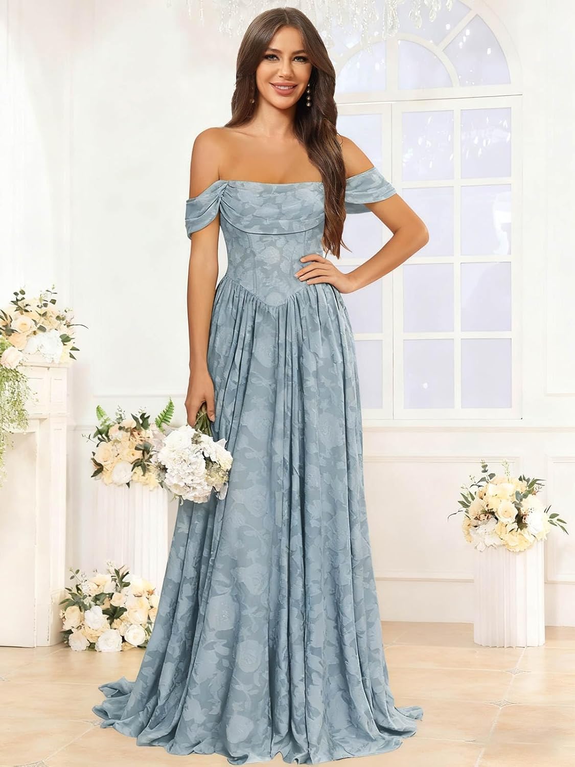 BOLENSYE Floral Bridesmaid Dresses Long Formal Dress Off The Shoulder A Line Ruffles Evening Party Gown for Women