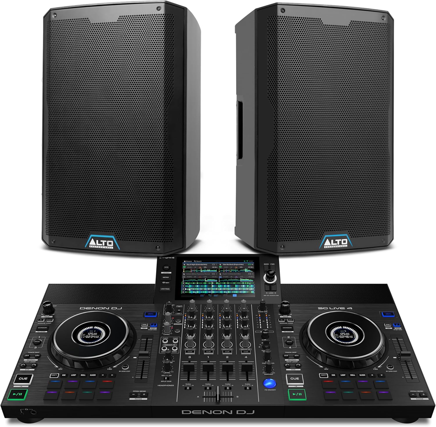 Denon DJ SC Live 4 DJ Controller and ALTO TS415 Powered PA Speakers Pair for Live Music, DJ sets, Events, Music production