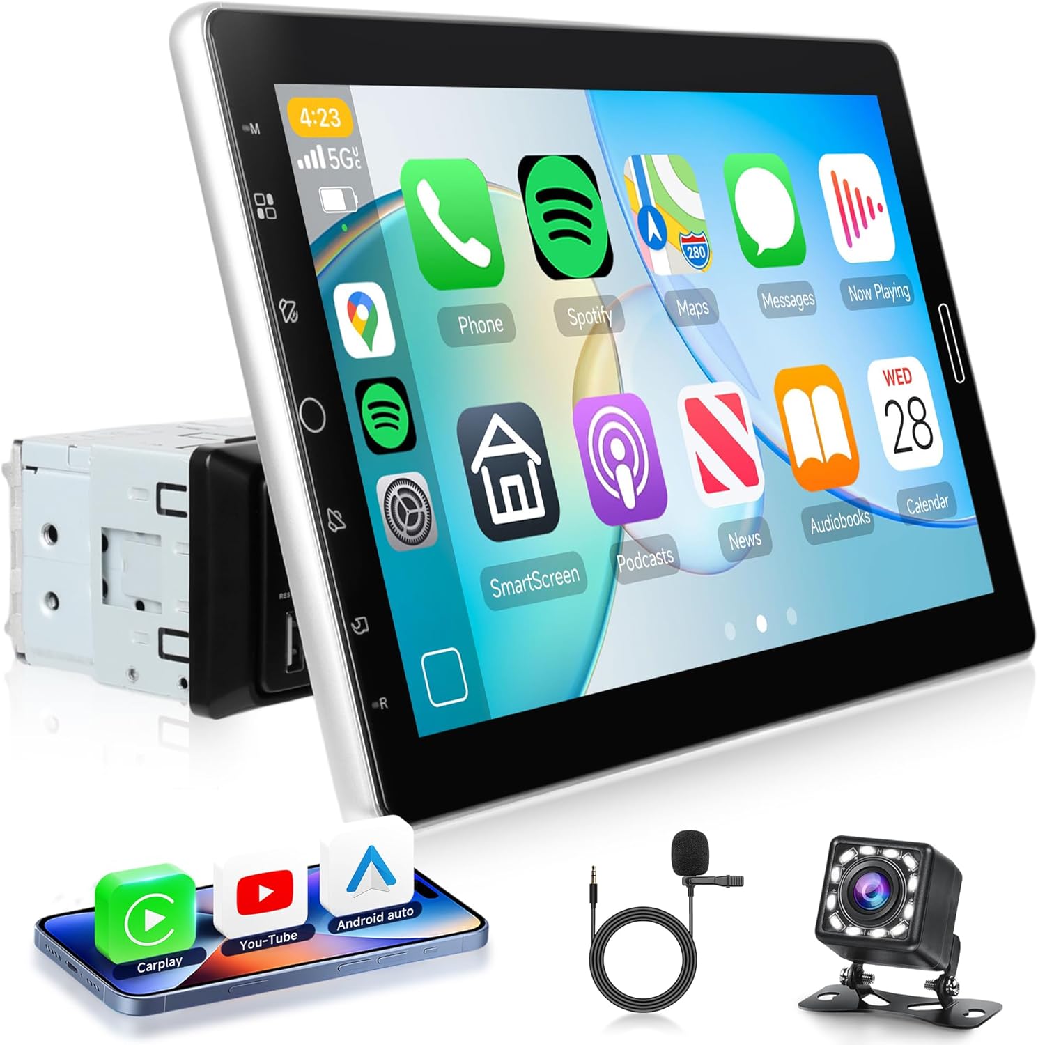 10.1 inch Single Din Car Stereo Wireless CarPlay Android Auto, Detachable IPS Touch Screen Car Radio with Bluetooth 5.2, Online Video Playback, FM EQ USB SWC Car Audio Receiver Backup Camera