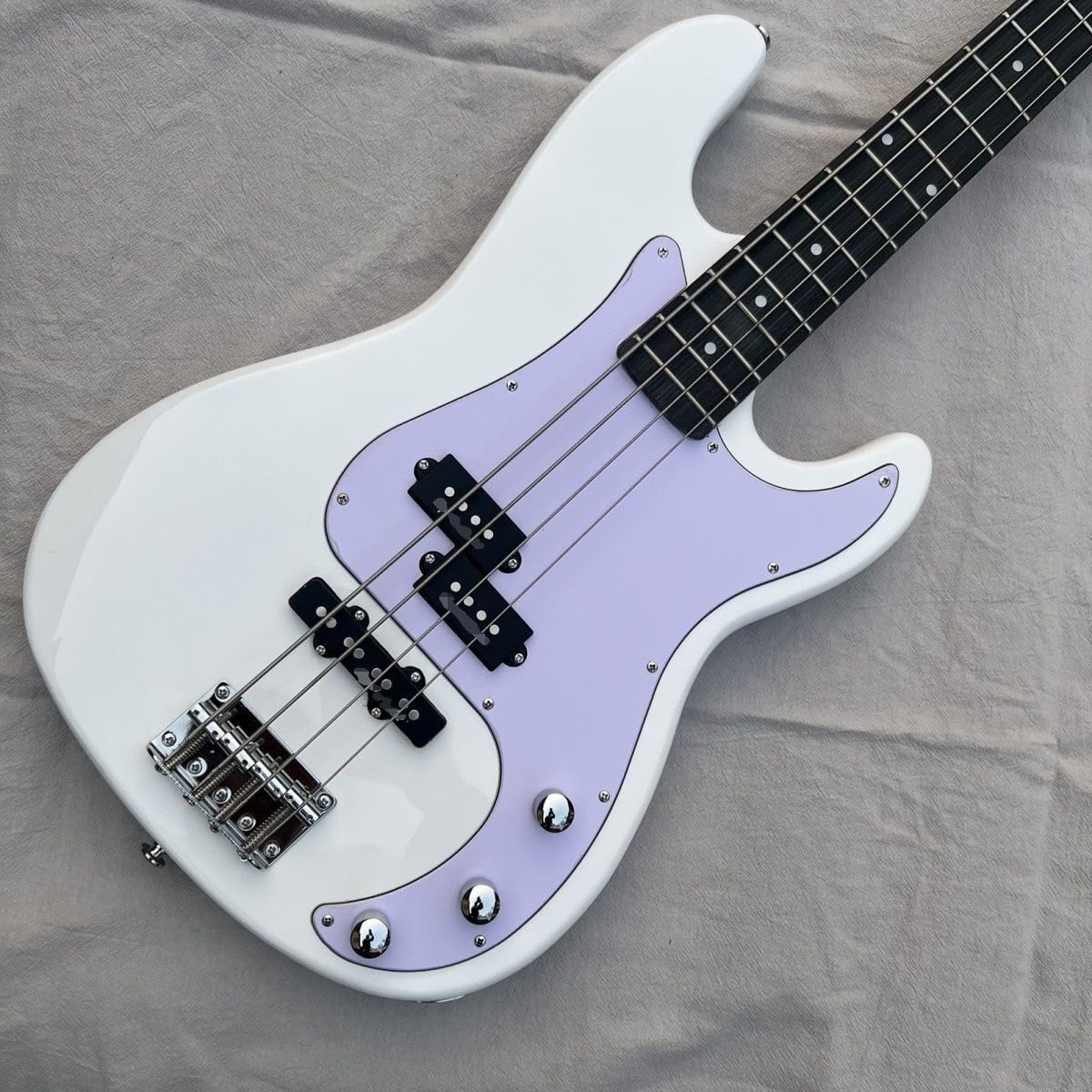 Electric Bass Guitar 4 String Full Size Pickups White Body with Lavender Pickguard for Beginners & Students