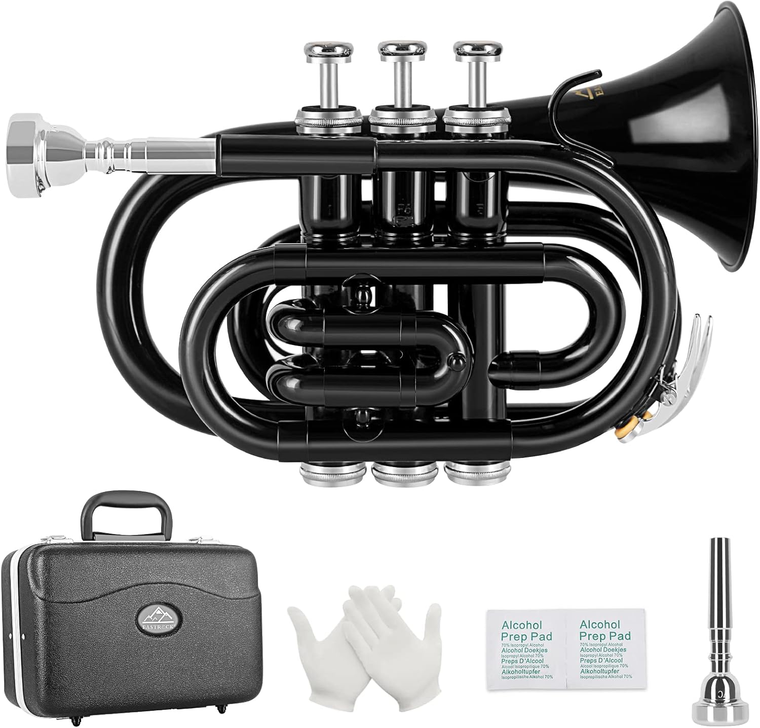 EASTROCK Pocket Trumpet Brass Bb Trumpet with 7C Mouthpiece, Hard Case, Strap, Gloves, Cleaning Kit for Students and Beginners(Black)