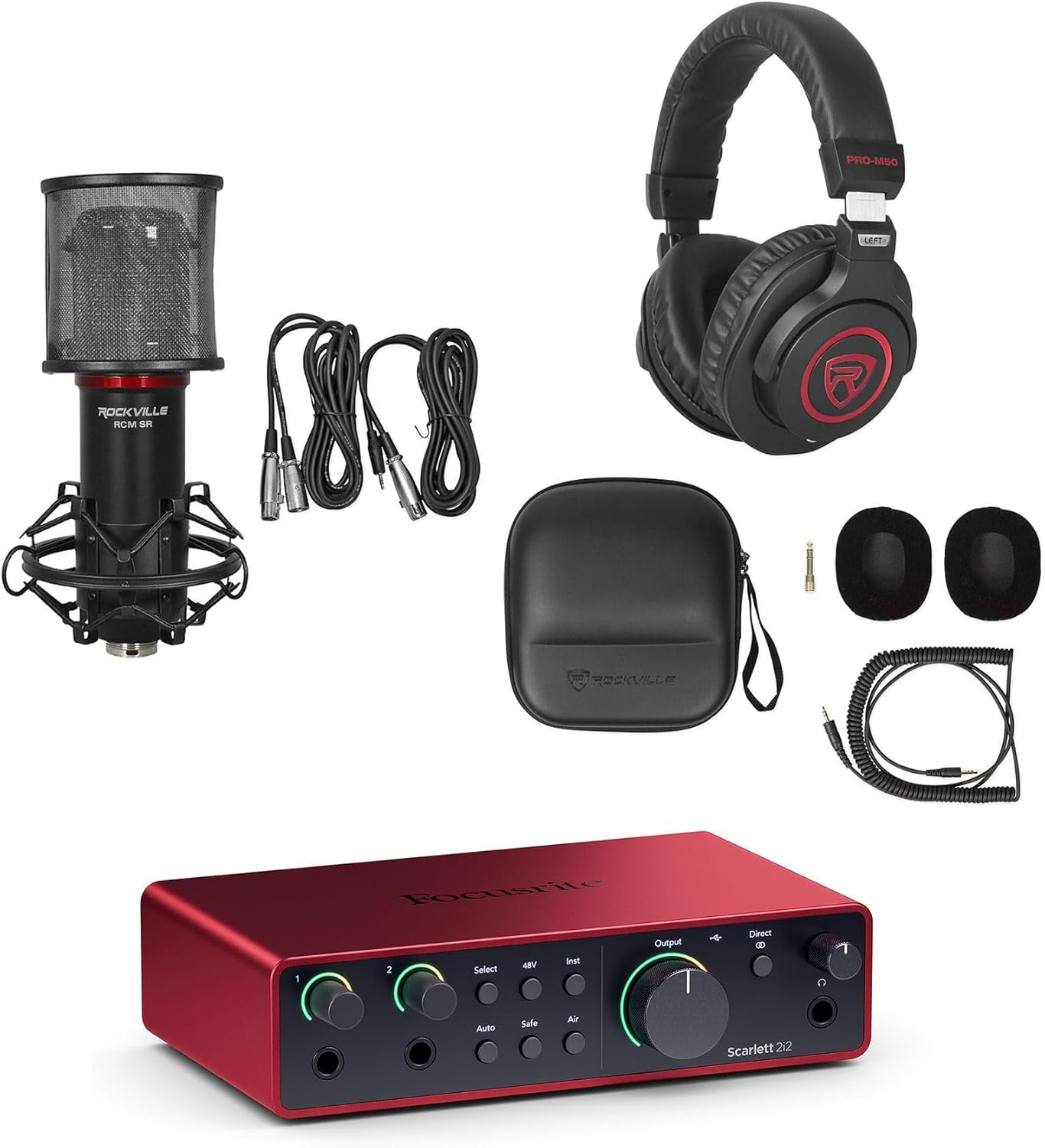 Audiosavings Bundle: Focusrite Scarlett 2i2 4th Gen Studio Recording USB Audio Interface+Software Bundle with Rockville RCM SR Studio/Recording Condenser Microphone+PRO-M50 SR Headphone (3 Items)