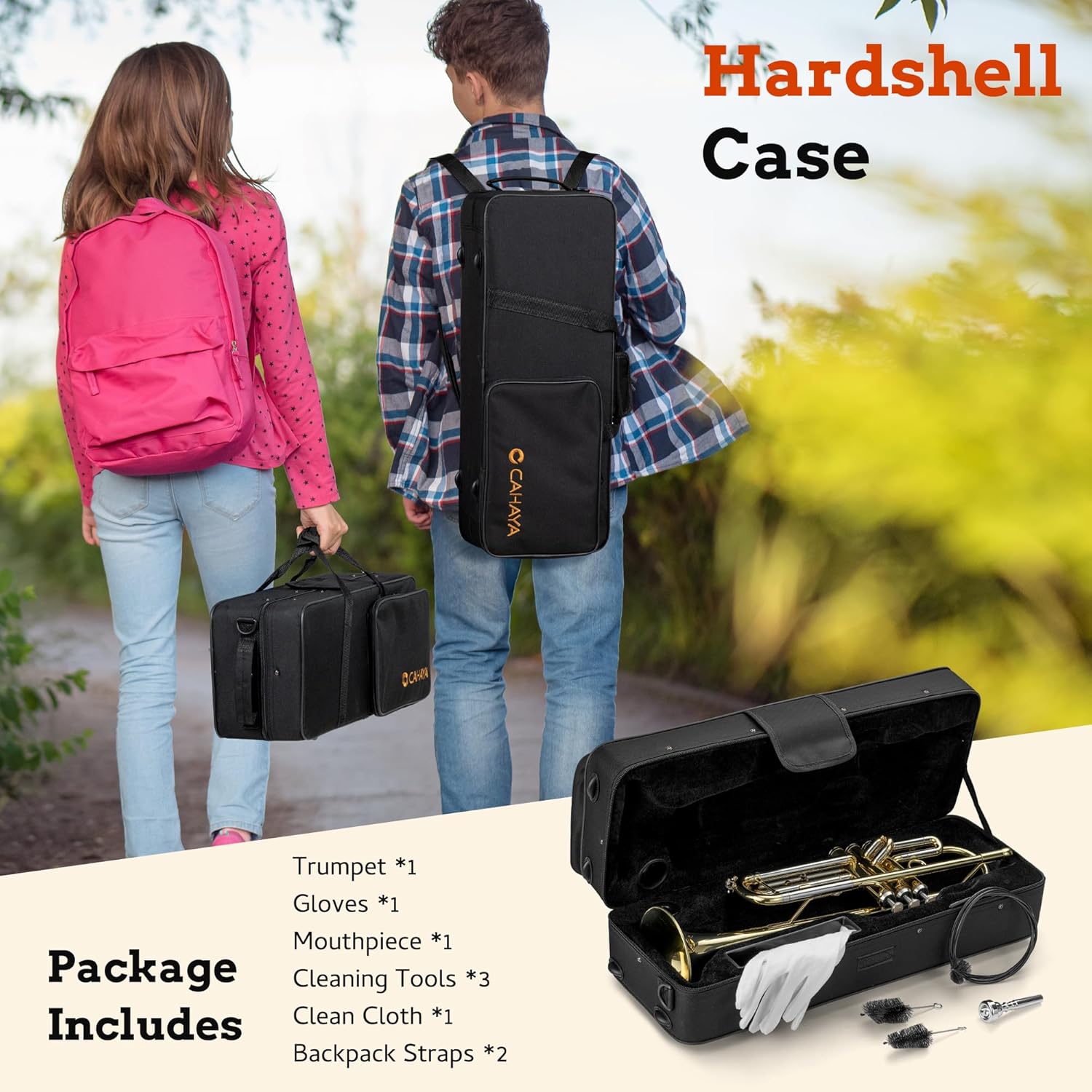 CAHAYA Bb Trumpet Instrument Trompeta: Brass Student Trumpet with Hard Case 7C Mouthpiece Gloves Standard Trumpets for Beginners or Advanced Students Gold