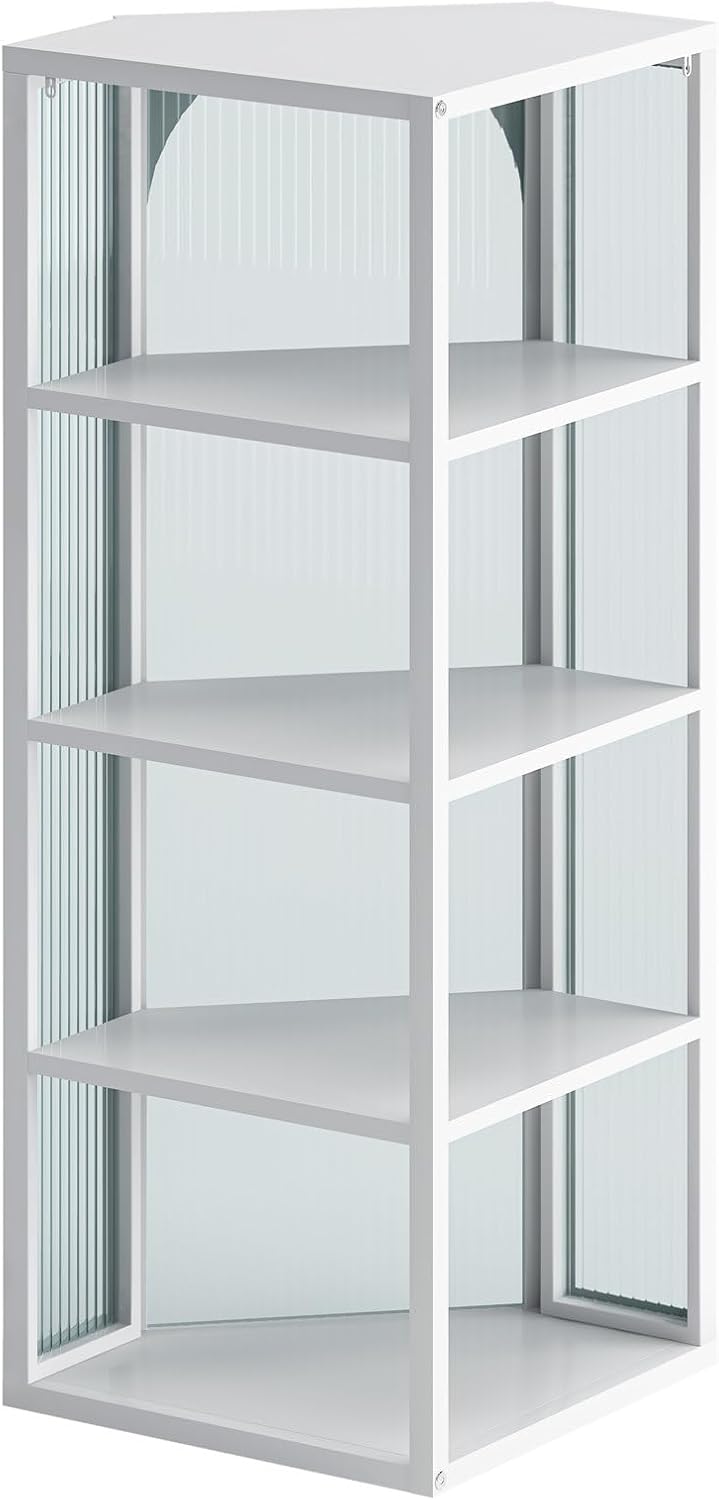 Sleek Iron & Ribbed Glass Corner Cabinet for Wall-Mount | Modern Storage Solution with Four-Tier Shelving for Bathroom, Living Room, Bedroom | Easy to Assemble(White,22.24
