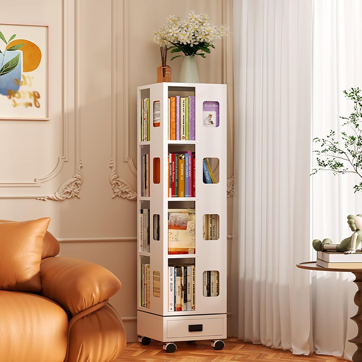 4-Tier Rotating Bookshelf, Freestanding Corner Book Shelf, 360° Spinning Bookcase, Metal Storage Rack with Wheels, for Living Room, Bedroom, Study