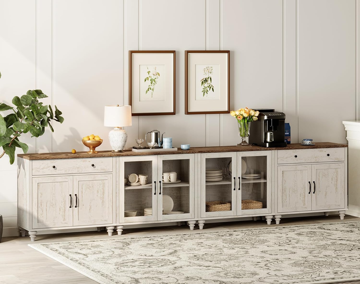 WAMPAT Sideboard Cabinet with Glass Doors, Wood Doors and Drawers, Vintage Wood Grain Design, 4-in-1 Buffet Cabinet with Storage, Coffee Bar for Dinning Room, Kitchen,and Living Room, Rustic White
