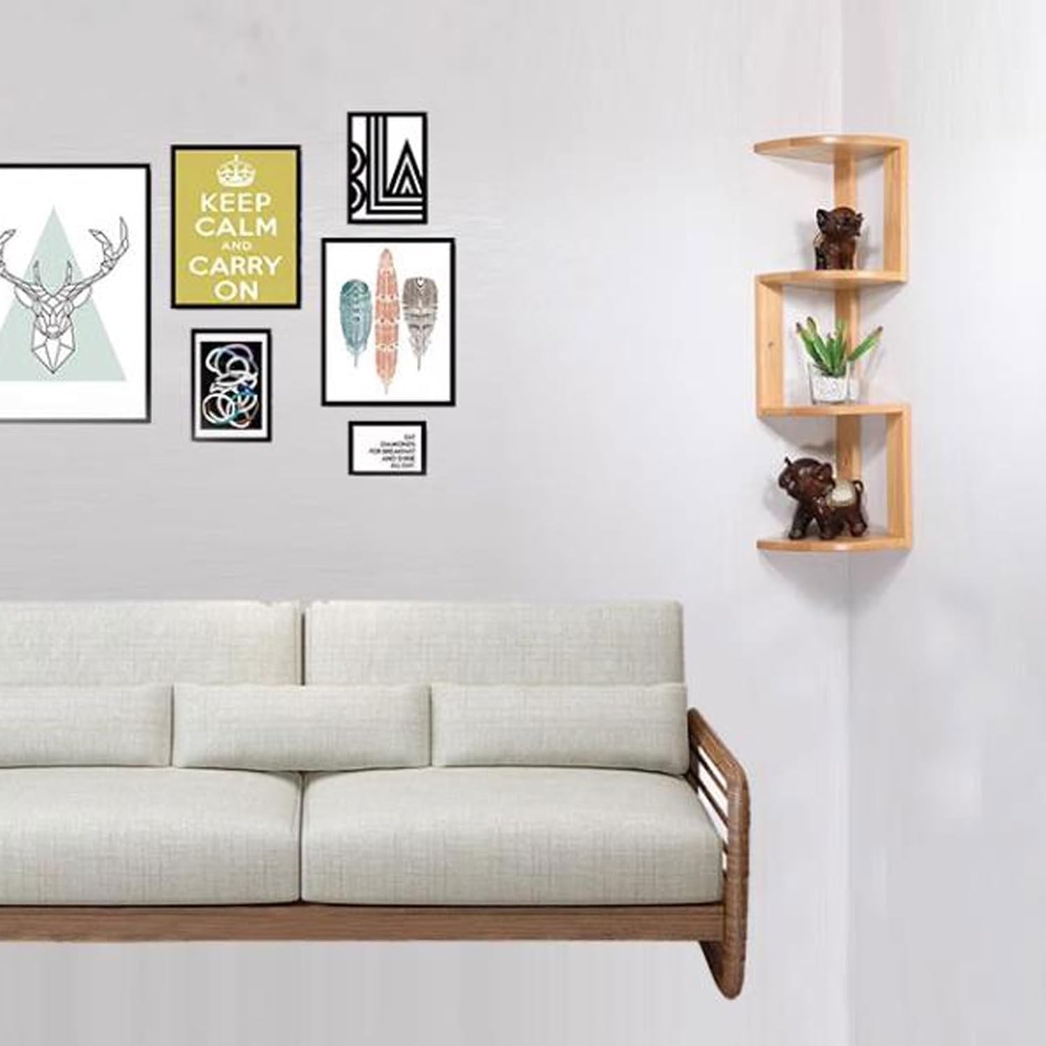 Floating Shelf Unit Floating Corner Shelves for Wall Decor Storage, Solid Wood Wall Storage Shelves Rack 3 Tiers, Wall Mounted Wood Shelves for Home Decor, Bedroom, Living Room, Bathroom, K