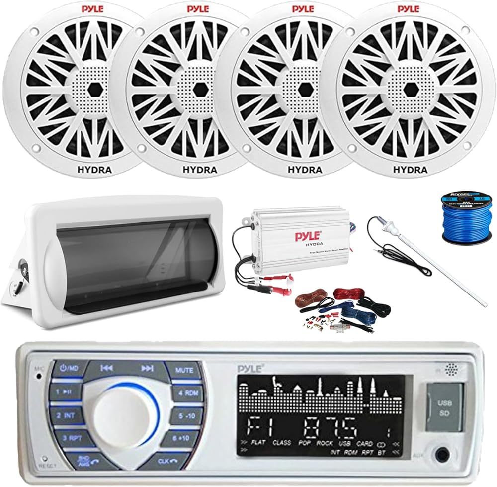 Pyle PLRMR23BTW Single DIN Bluetooth Marine MP3 AM/FM Stereo Receiver, Slide-Up Cover, 4-Channel Amplifier w/Kit, 4X 6.5 200 Watt Peak Full Range 2-Way Waterproof Speakers w/Wire, Long Range Antenna