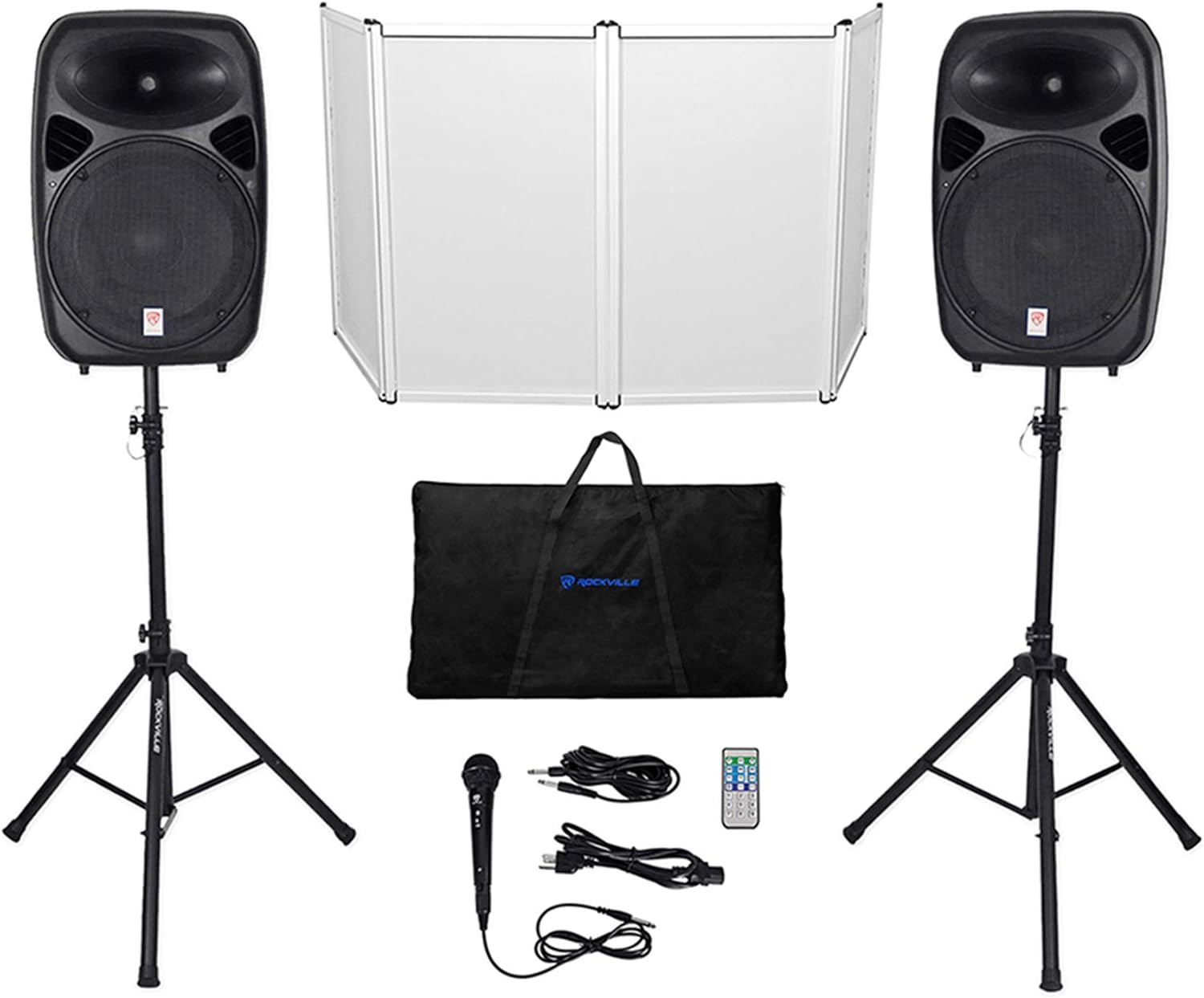 Rockville RPG152K Bundle: Dual 15-in 1500W Peak/375W RMS Powered DJ/PA Speakers, RFAAW DJ Event Facade with White Scrim and Travel Bag, Bluetooth, Mic, Stands, Cables, 2-Items