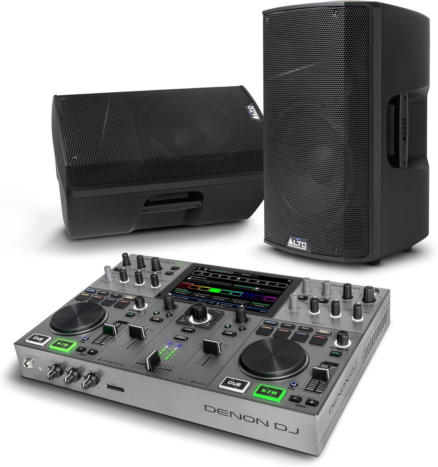 Denon DJ PRIME GO+ DJ Controller and ALTO TX412B Powered PA Speakers Pair for Live Music, DJ sets, Events, Music production