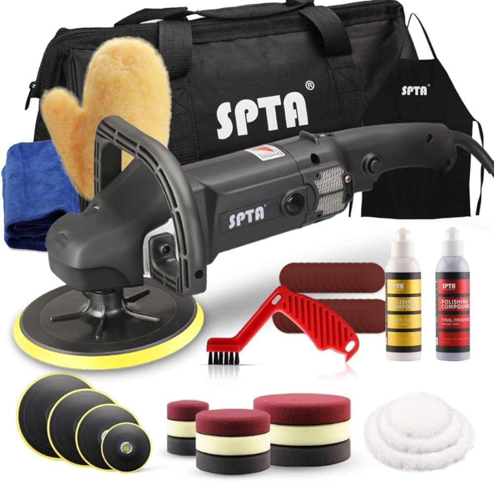 Buffer Polisher, SPTA 7 Inch 180mm Rotary Polisher Car Polisher Electric Polisher RO Polisher & Polishing Pads Set for Auto Buffing and Polishing