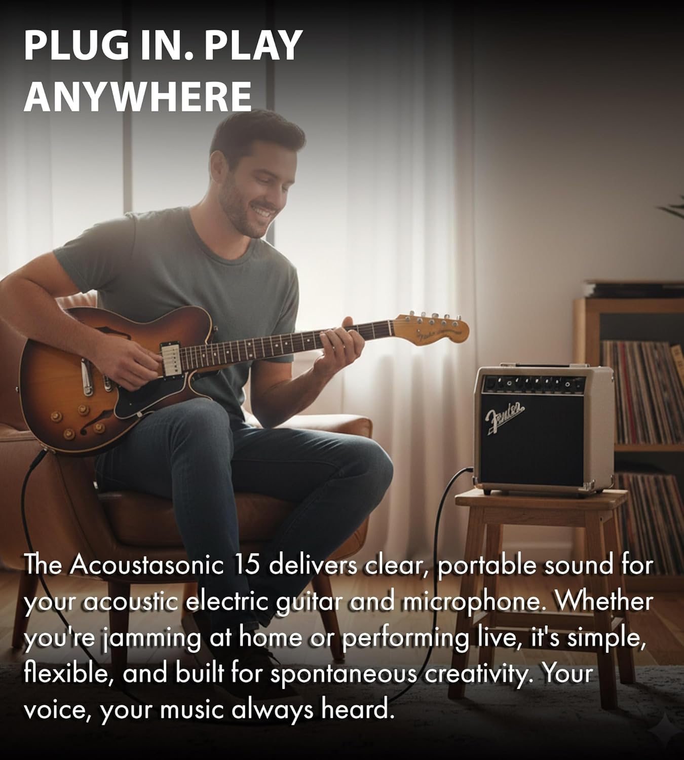 Fender Acoustasonic 15 Acoustic Guitar Amplifier Bundle with Instrument Cable, Picks, and Austin Bazaar Polishing Cloth