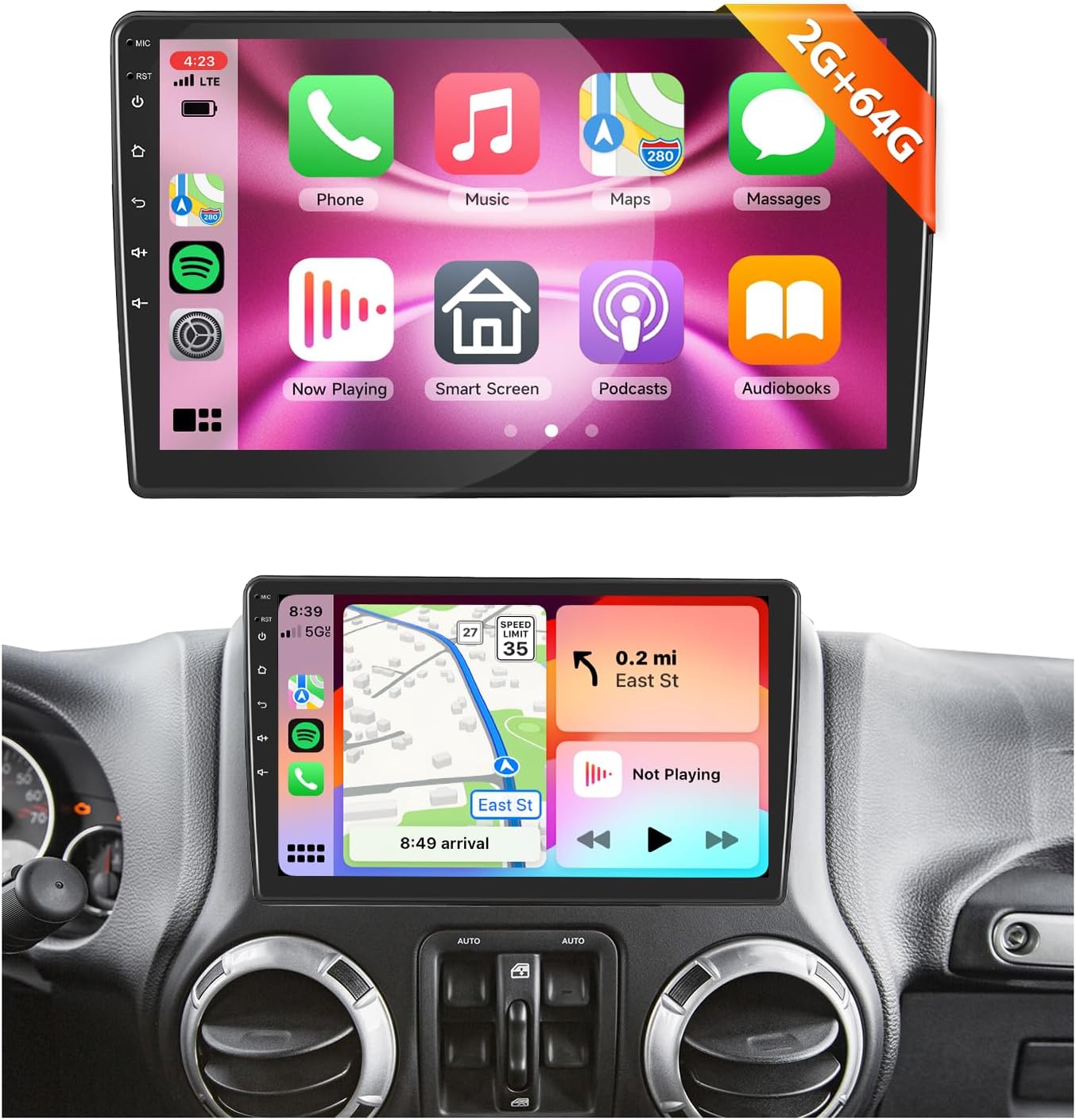 Radio for Jeep Wrangler JK 2007-2016 Compass Grand Dodge Ram Car Stereo with Wireless Carplay HiFi 10.1inch 1080P HD Touchscreen Android Auto Bluetooth GPS 28UIs FM/RDS SWC Backup Camera