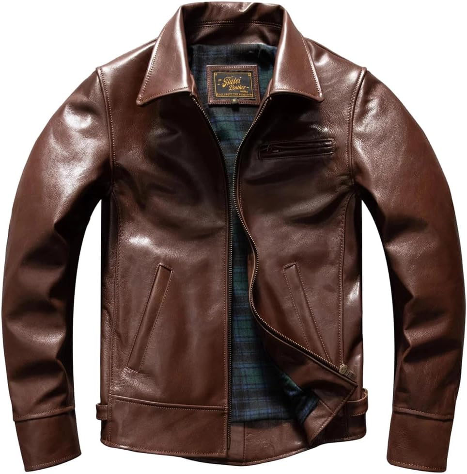 Men Genuine Natural Sheepskin Turn-Down Collar Short Brown Autumn Leather Jacket Coat