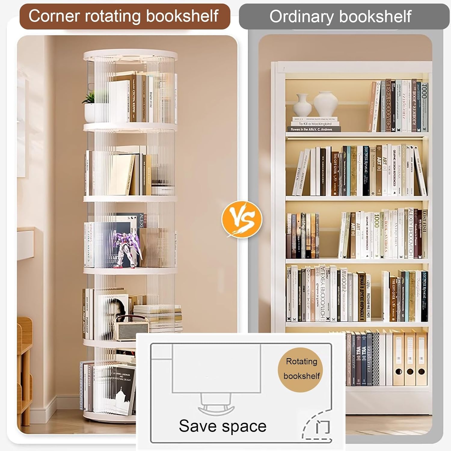 Rotating Bookshelf, Spinning Book Tower Swivel Bookcase, Round Book Shelf, for Small Space Freestanding Corner Bookcase for Playroom Bedroom Living Room(White 2,102cm/40.1in)