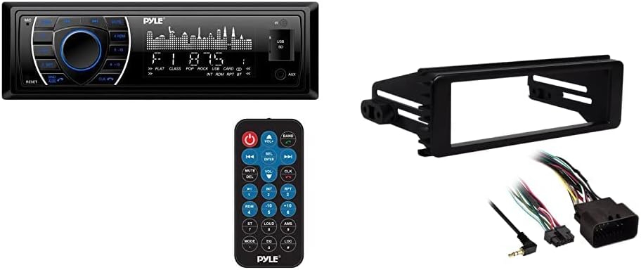 Pyle Bluetooth Marine Receiver Stereo - 12v Single DIN Style Boat in Dash Radio Receiver System & Metra 99-9600 Stereo Installation Kit for Select 1998-2013 Harley Davidson Motorcycles (Black)