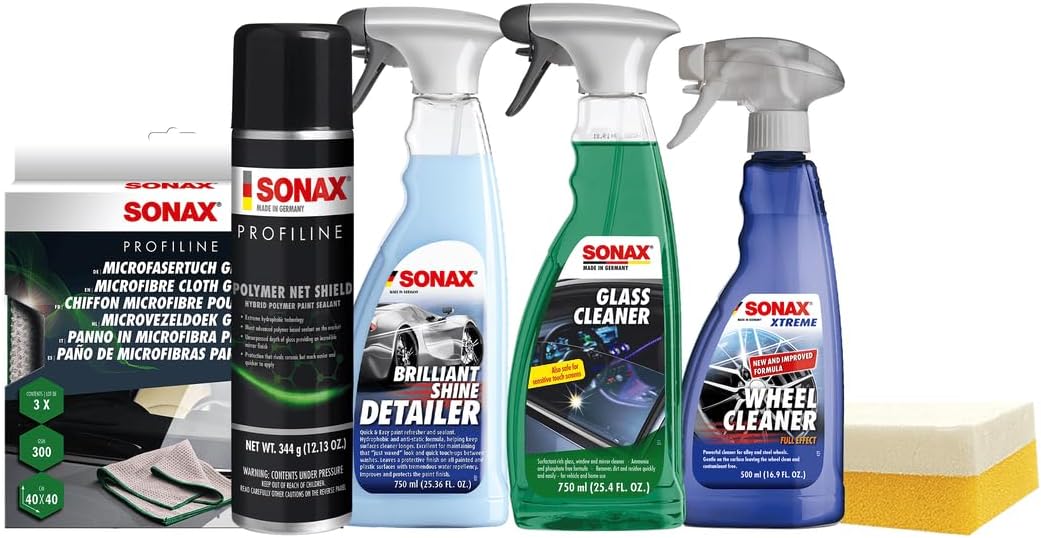 SONAX Surface Protection Kit | Car Protection & Maintenance Kit with Polymer Net Shield, Wheel Cleaner, Brilliant Shine Detailer, Glass Cleaner, Application Sponge & Microfiber Cloths | 6-Piece Set