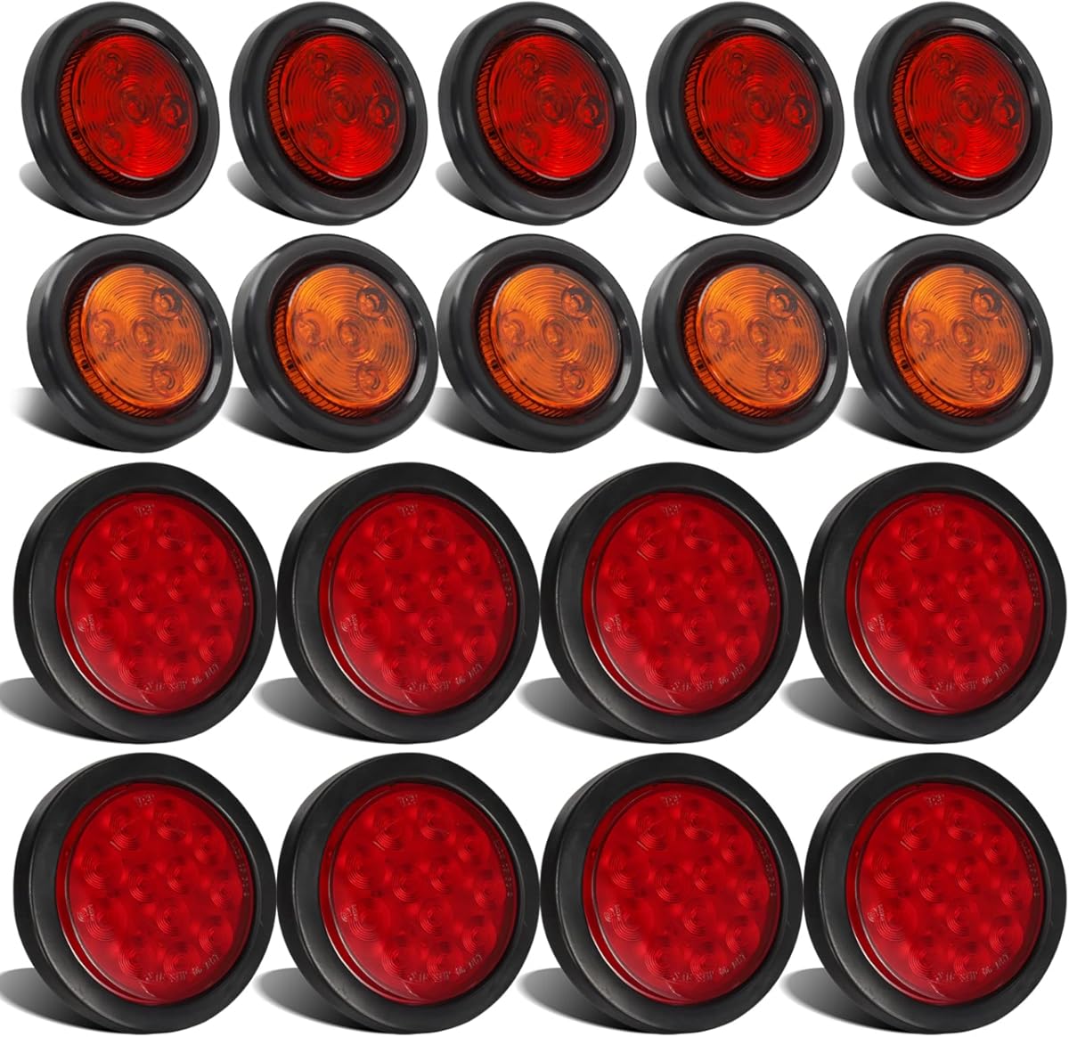 Partsam Led Trailer Lights Kit, 8Pcs 4 Inch Round Led Trailer Tail Lights 12LED + 10Pcs 2 Inch Round LED Side Marker Clearance Lights 4 Diodes(5Amber+5Red), Grommet Plugs and Wire Pigtails Included