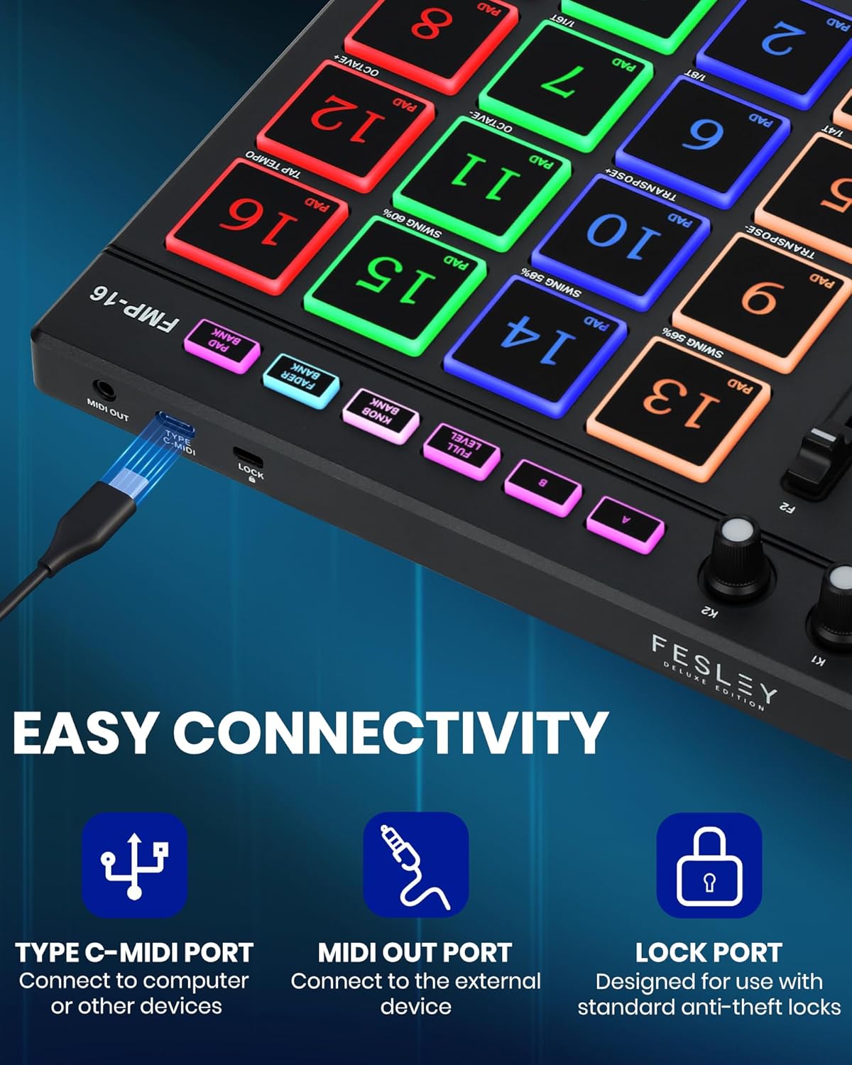 Fesley MIDI Controller Professional, Beat Maker Machine with 16 Beat Pads, MPC with 2 Assignable Fader & Knobs, Portable MIDI Pad Controller, Beat Machine for Music Making