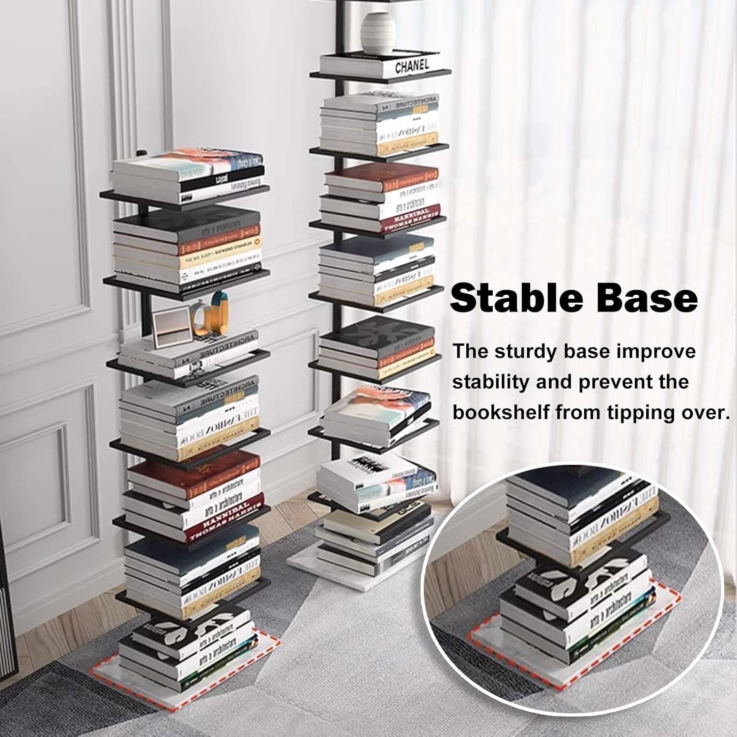 Black Floor Bookshelf for Home Office, Modern Spine Book Tower Display Shelves, Vertical Metal Floating Bookcase with Base, Easy to Assemble(8-Tier 150cm (59