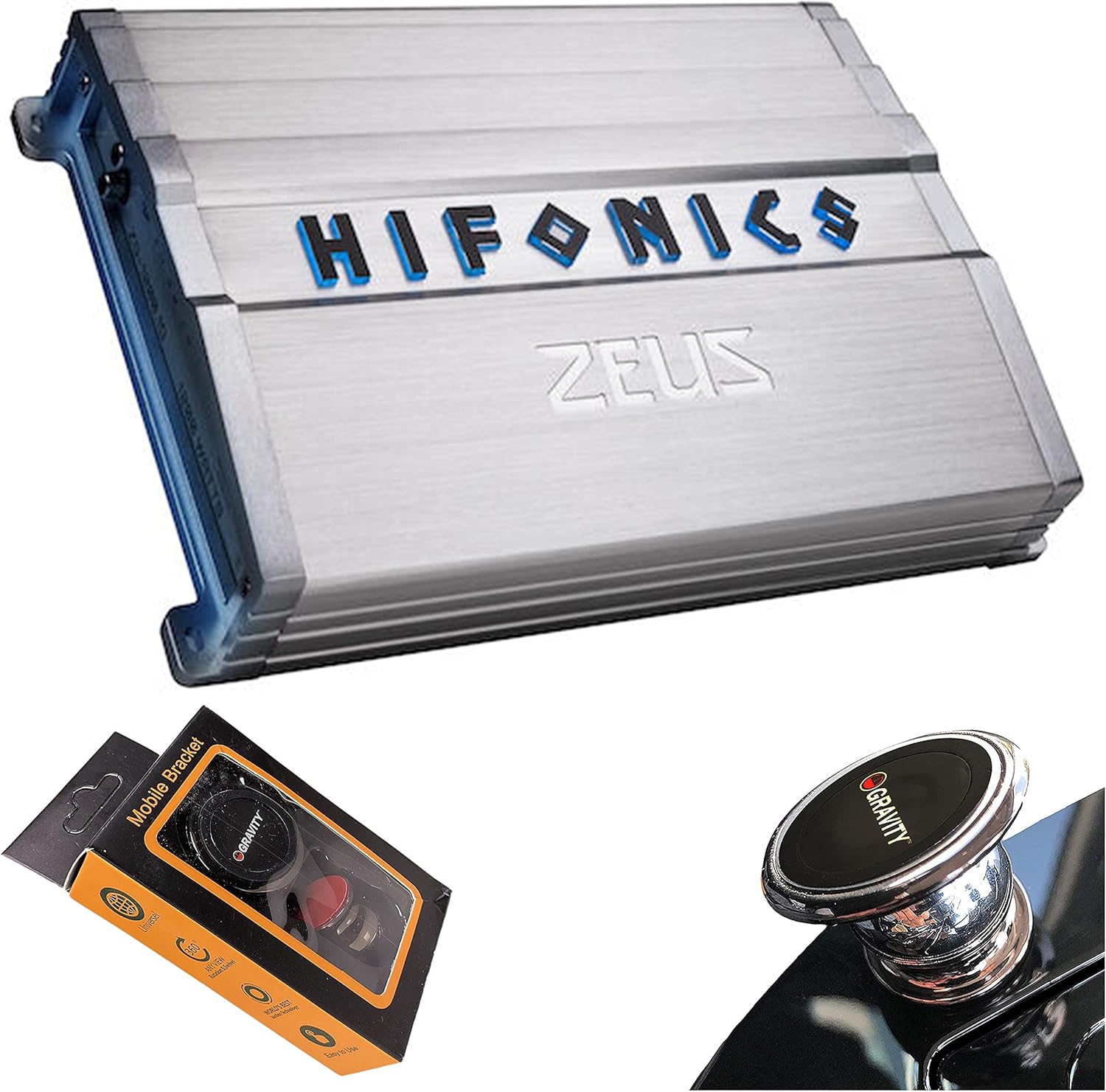 Hifonics ZG-1200.1D Zeus Gamma 1 Channel Super D Class 1200 Watt Car Audio Sound System Subwoofer Speaker Amp Amplifier with Gravity Magnet Phone Holder Bundle