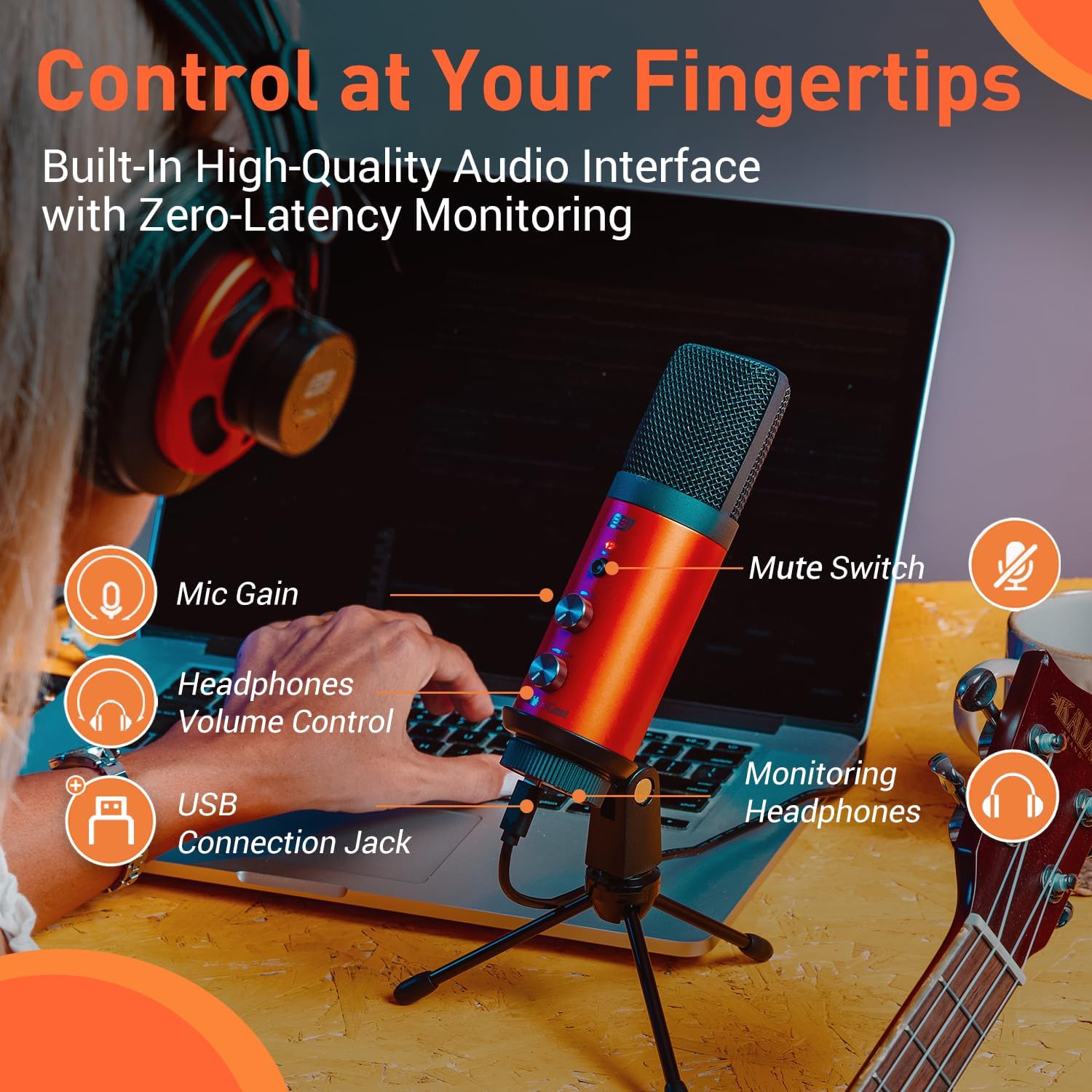 ESI cosMik uCast | USB Microphone, Cardioid Condenser Computer Microphone for Gaming, Streaming, Podcasting, 2m USB-C Cable, Mute Button, Built-in Headphone Jack, Gain Control, USB Mic for PC & Mac