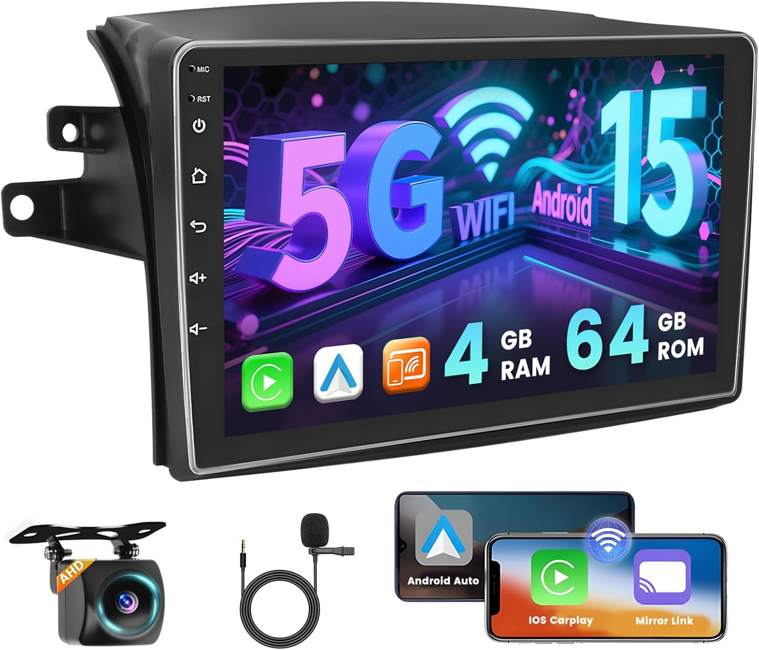 [4+64G] Hikity Android 15 Car Stereo for Toyota Sienna 2004-2010 with Wireless Carplay Android Auto, 9'' IPS Touch Screen Radio Bluetooth Mirror Link GPS WiFi SWC AI DSP/FM/RDS/32EQ Backup Cam+Mic