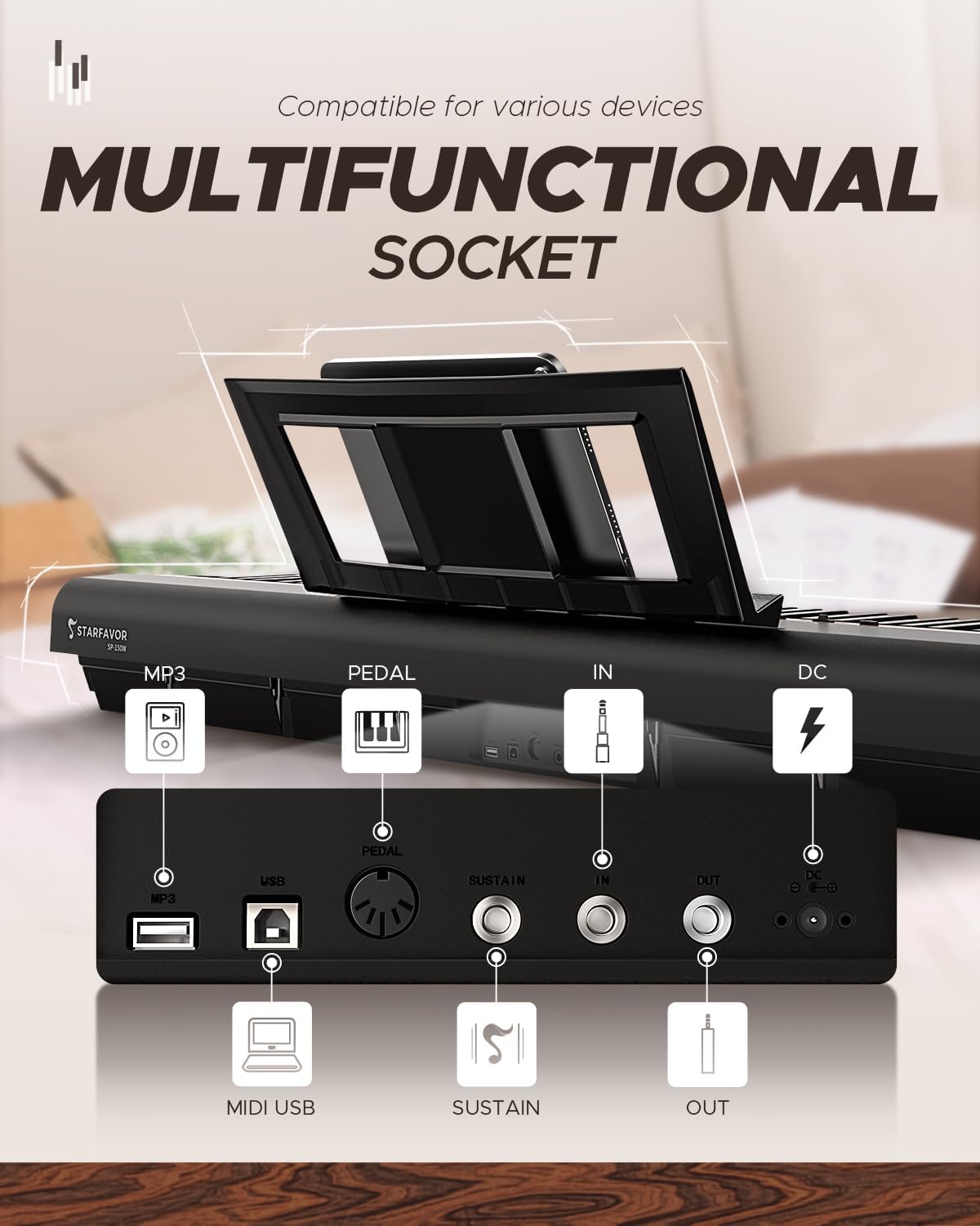 Starfavor SP-150W with Stand Digital Piano with Pedal, 88 Key Weighted Keyboard with Hammer Action,2x30W Speakers,200 Rhythms,238 Tones, Wood Grain Pattern, MIDI/USB