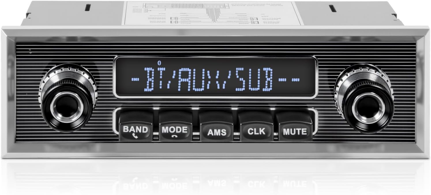 Retro Vintage Radio for Classic Vehicle - Single Din Bluetooth Car Stereo with AM FM USB AUX EQ Subwoofer RCA Output