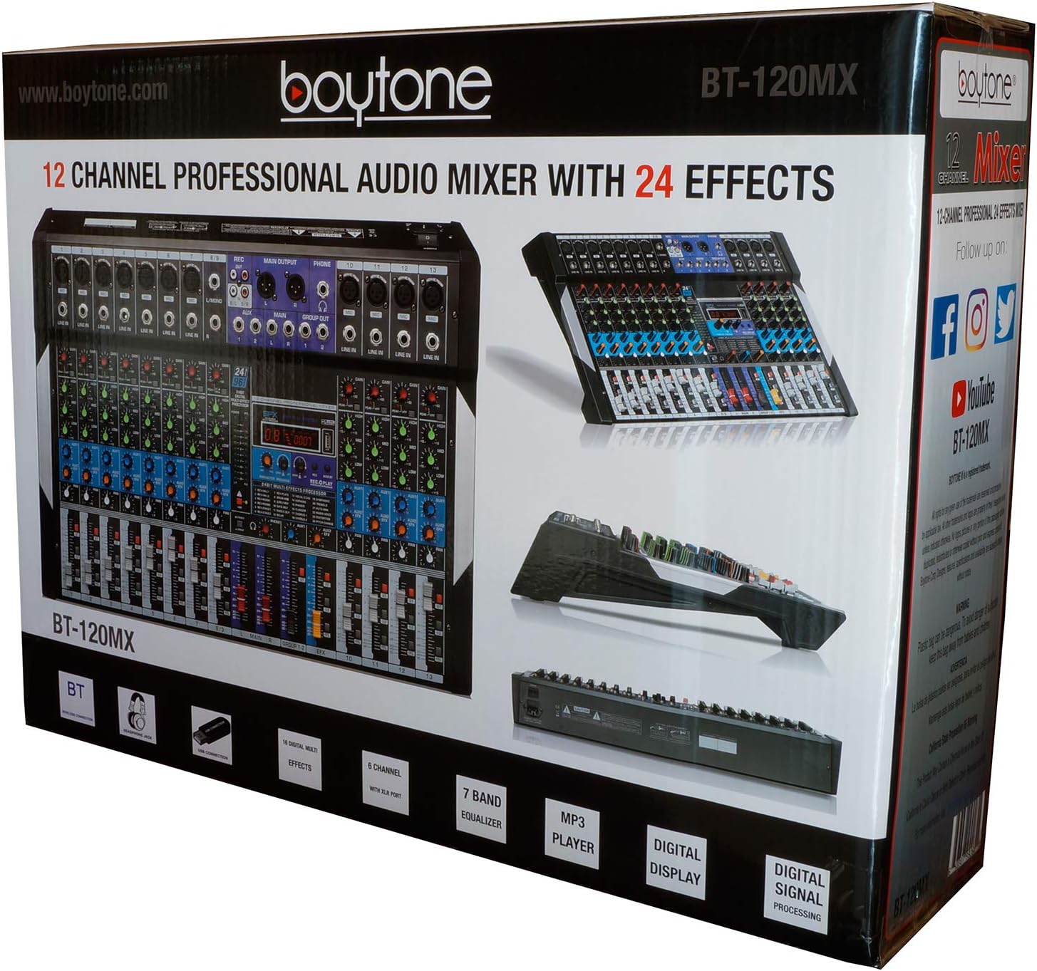 Boytone 12 Channel Bluetooth Studio Audio Mixer - DJ Sound Controller, USB MP3 Player, PC Recording, 96 KHZ, 11 Microphone Jack, 48V Phantom Power, 24BIT Digital Effect, Metal chassis, unpowered