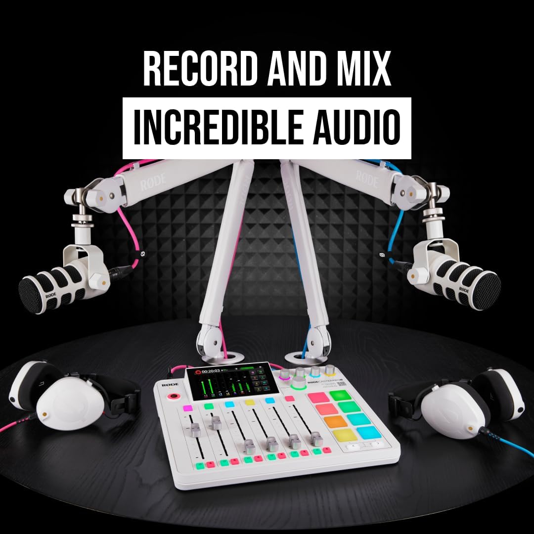Rode RODECaster Pro II (White) Audio Production Console with 4x PodMic Microphones, PSA1+ Professional Boom Arms, Over-Ear Headphones, 32GB microSD Card & XLR Cables