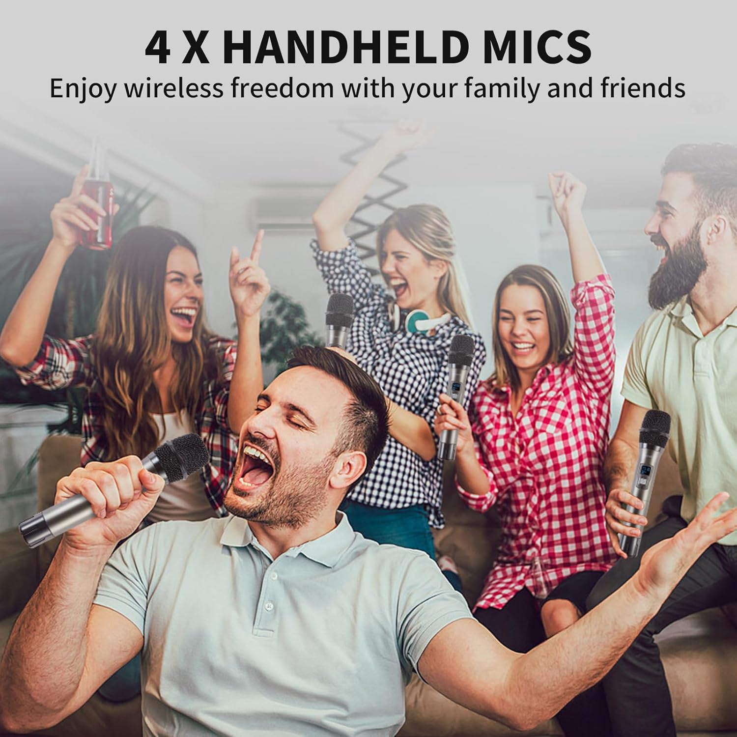 Wireless Microphone System, 4-Channel UHF Wireless Mic, Fixed Frequency Metal Cordless Mic with 4 Handheld Dynamic Microphones, 200ft Range, Mics for Singing, Church (4 Handheld)